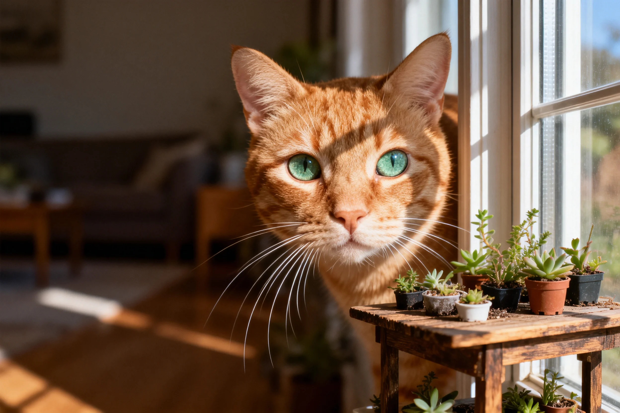 橘色短毛猫绿色眼眸注视前方,胡须清晰可见,身旁是多肉植物盆栽。