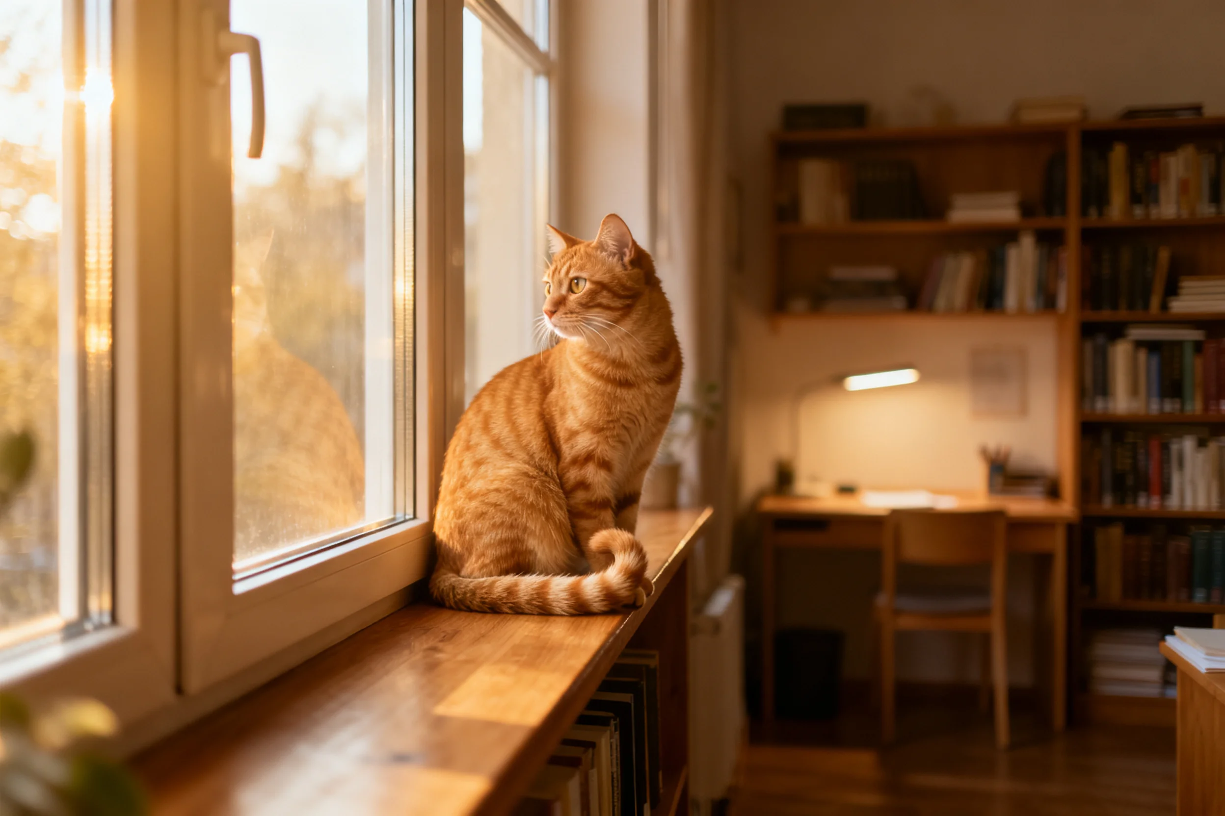 橘色虎斑短毛猫安静地坐在窗台上,毛发在阳光下显得柔软且有光泽。