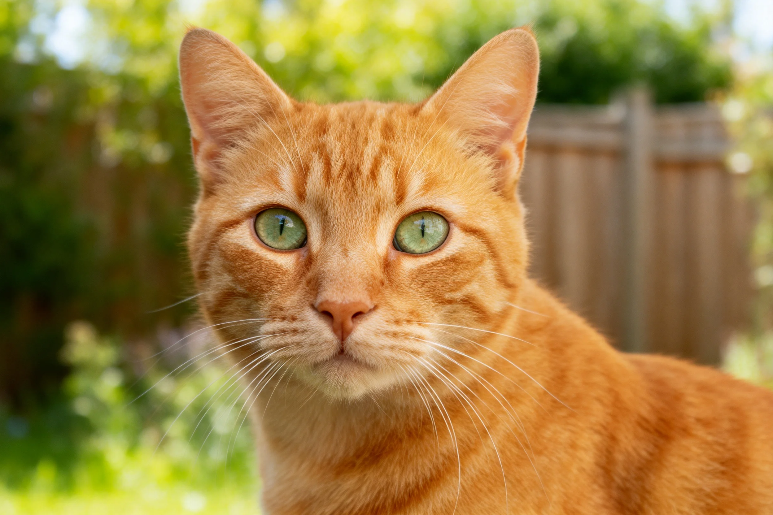 一只橘色短毛猫,有着绿色的眼眸和橙黄色带条纹的被毛。
