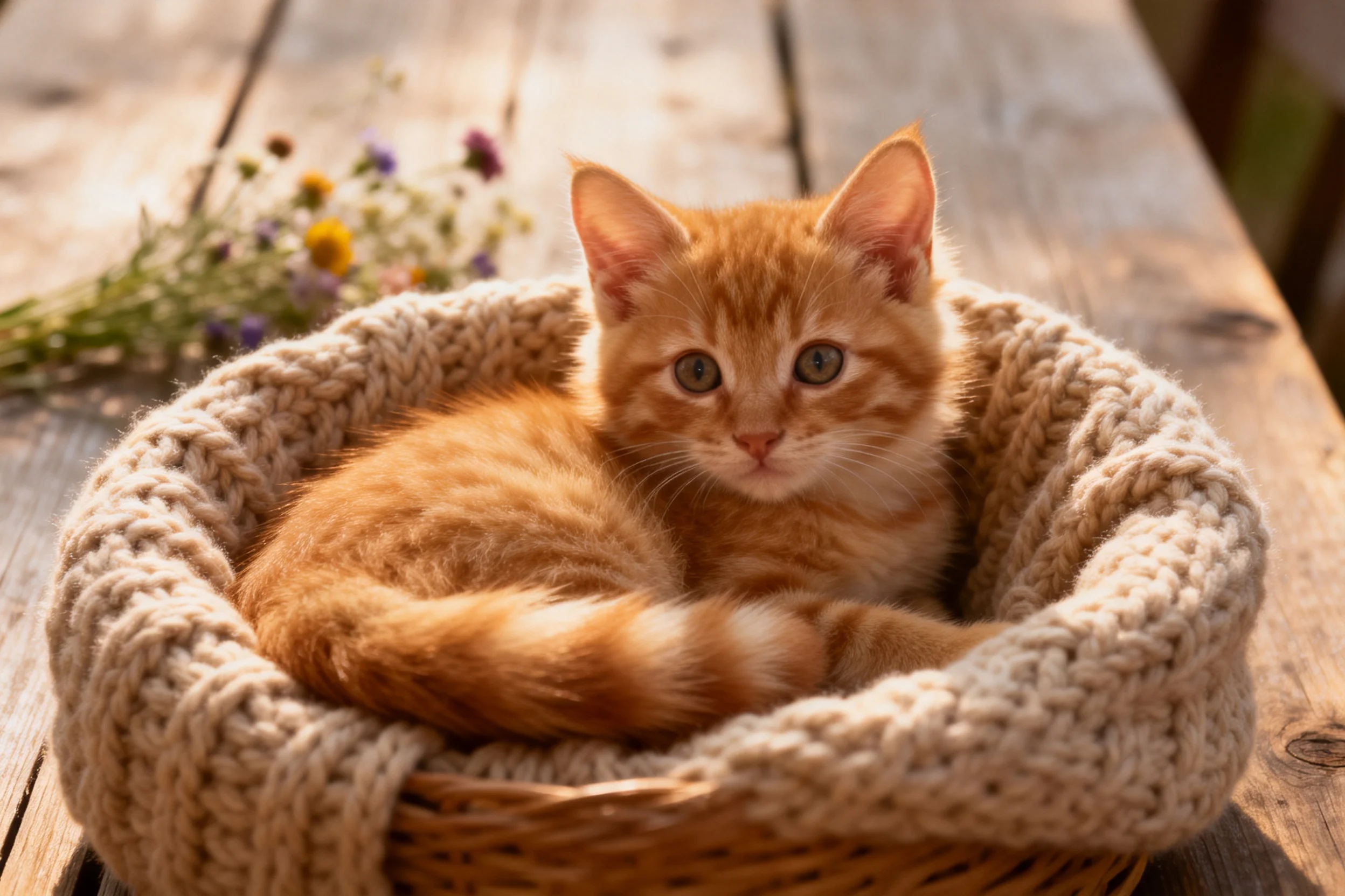 短毛橘色虎斑猫安静地躺卧在编织篮内,橘色皮毛带有虎斑纹理,眼睛明亮清澈。