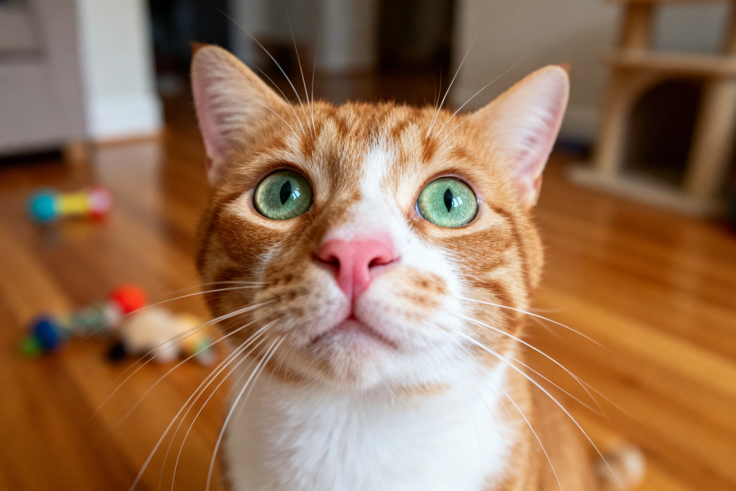 橘白短毛猫,绿色大眼睛明亮有神,粉色鼻头清晰可见,胡须分布整齐。