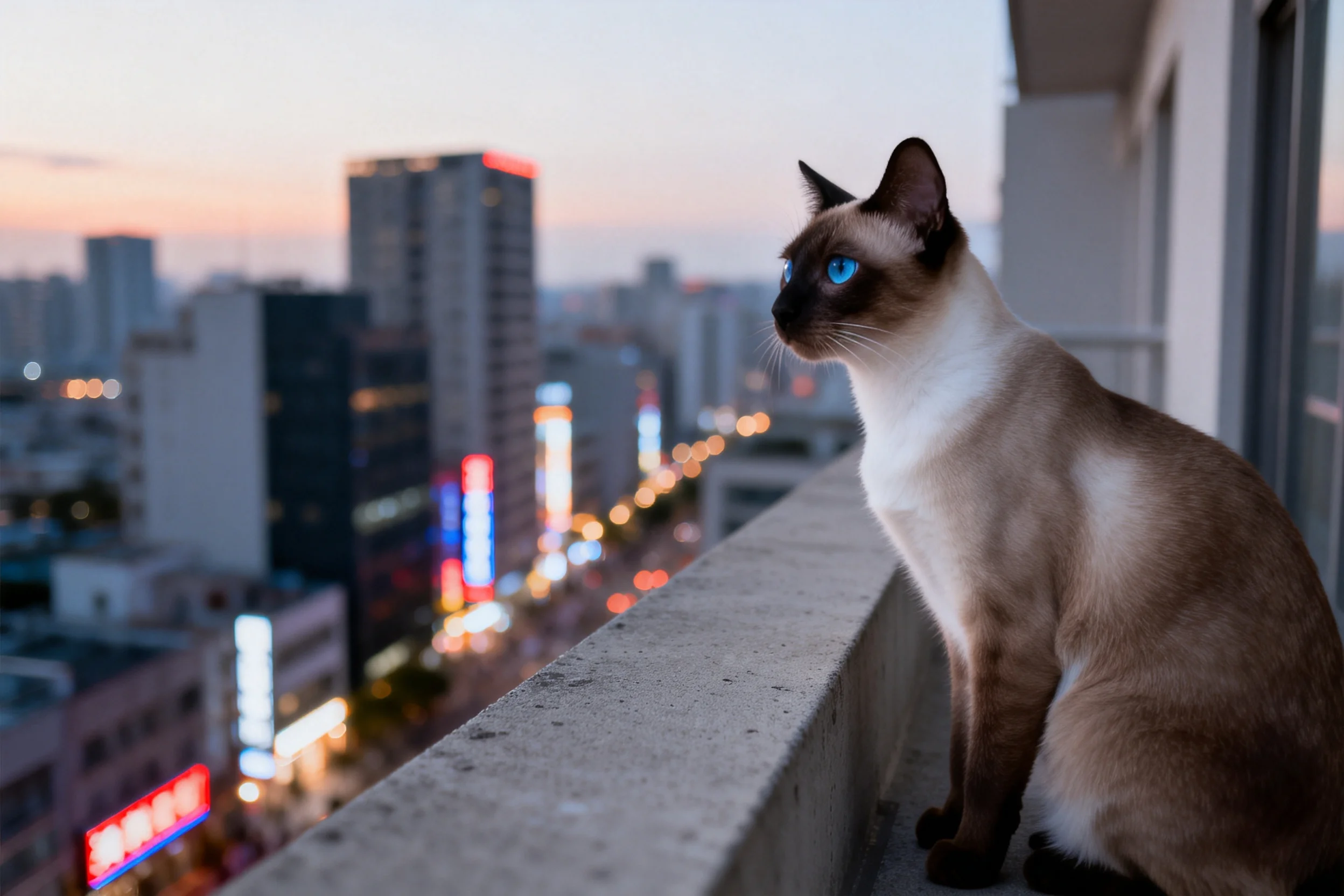 一只蓝眼睛的暹罗猫,它有着短而顺滑的被毛,身体呈浅棕色,面部、耳朵及四肢为深棕色,正安静地坐在阳台边缘凝视城市景观。