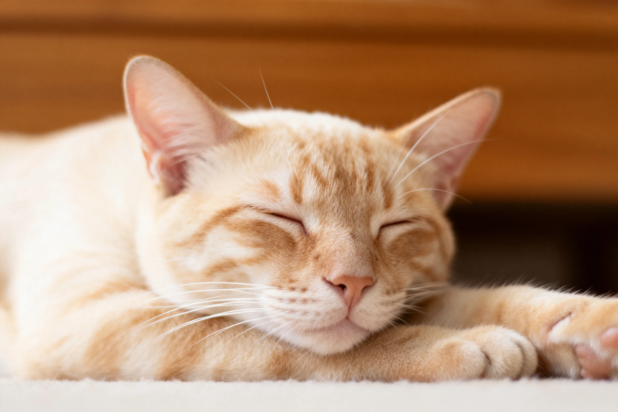橘色短毛虎斑猫双眼闭合安静睡眠,身上橙白条纹清晰可见。