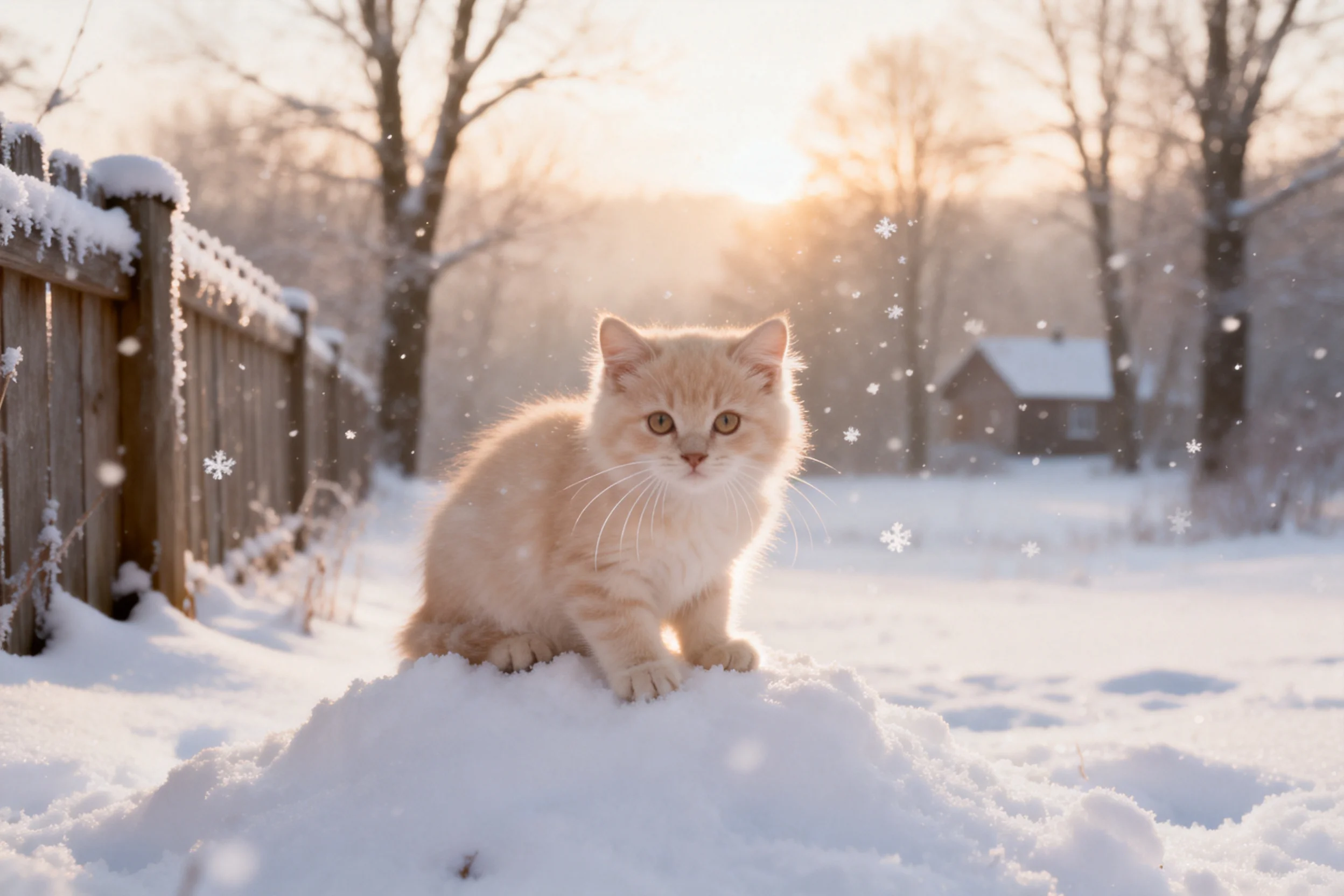 奶油色短毛家猫安静地坐在积雪堆上,浅金色蓬松毛发贴在雪堆表面。