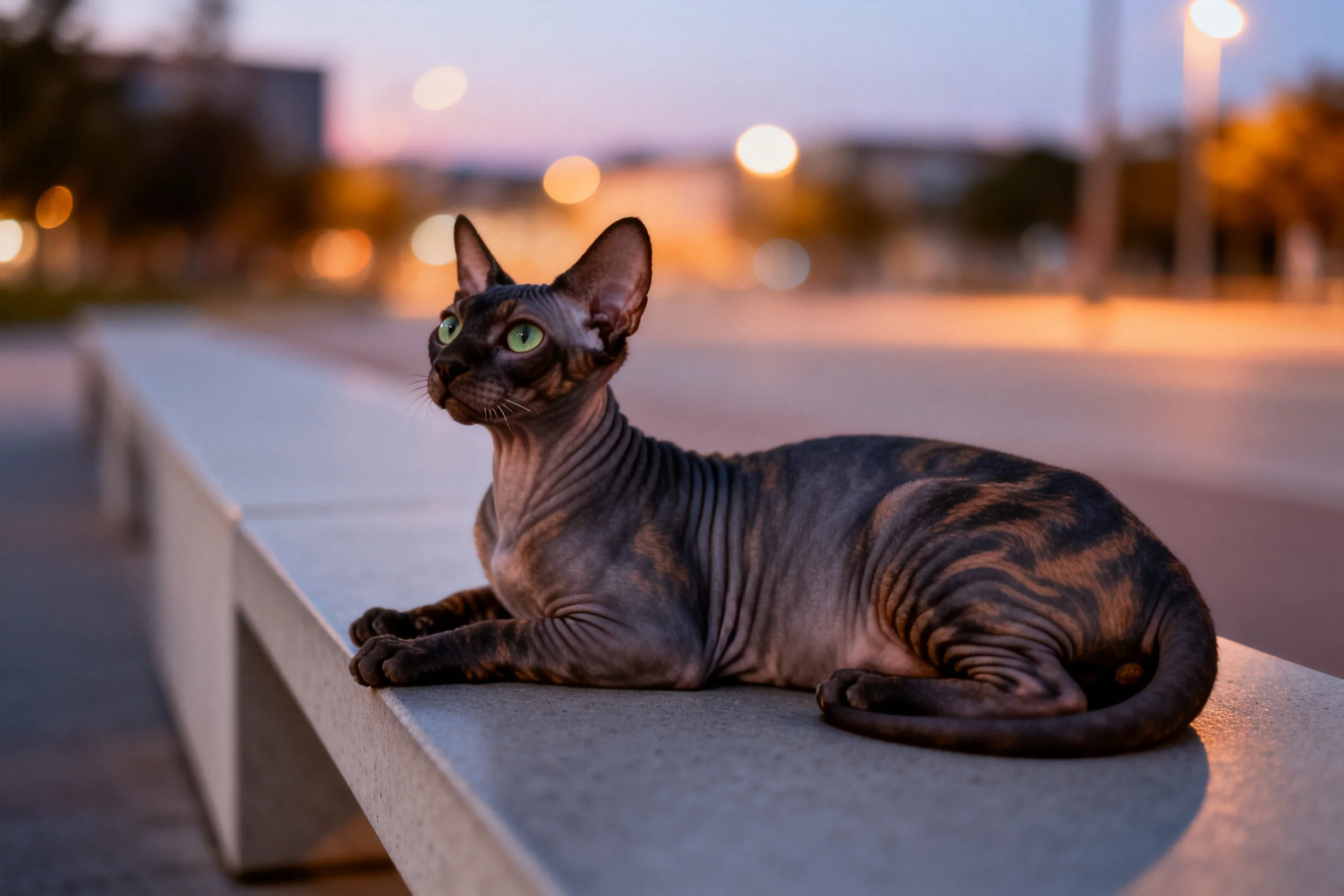 一只加拿大无毛猫趴在混凝土长椅上,拥有深灰色带浅棕斑纹的无毛皮肤和绿色眼睛。