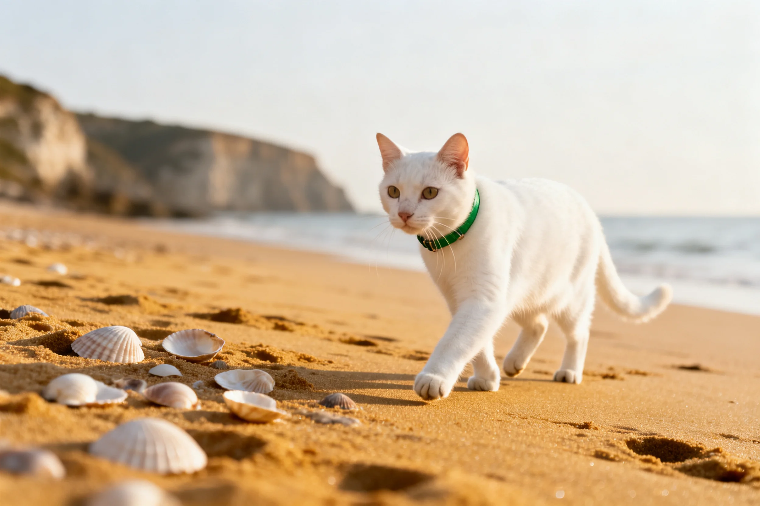 白色短毛家猫,脖颈处佩戴绿色项圈,正沿着沙滩行走。