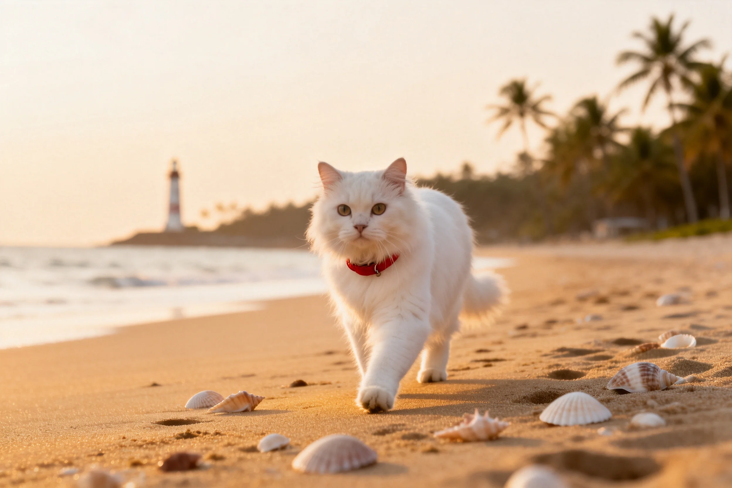 长毛白色英国短毛猫在沙滩上行走,白色蓬松毛发在夕阳下清晰可见。