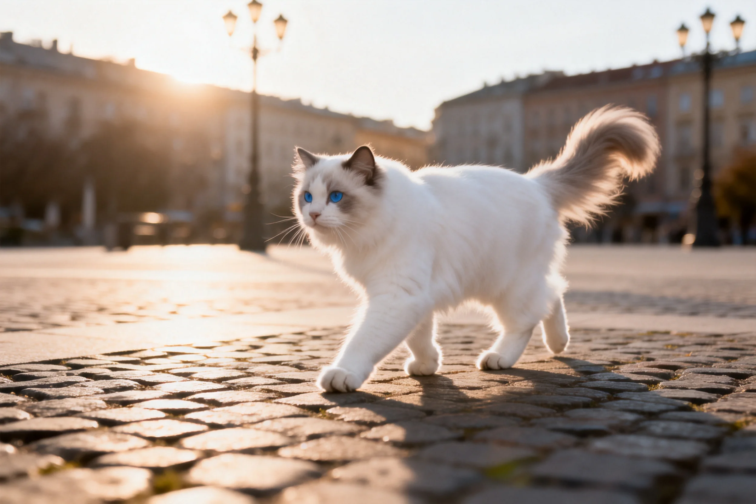 一只三色布偶猫在夕阳下行走,蓝眼睛明亮,毛发蓬松柔软。