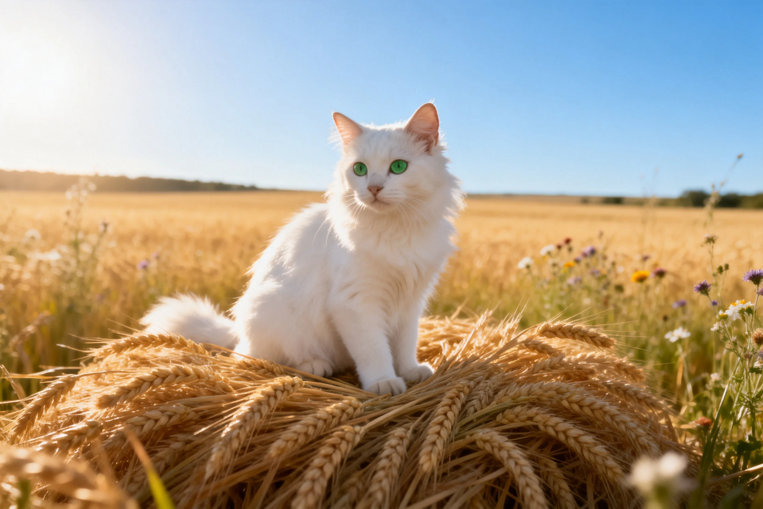 白色长毛猫有着蓬松柔软的白色毛发,正安静地坐在金黄色的麦穗堆上。
