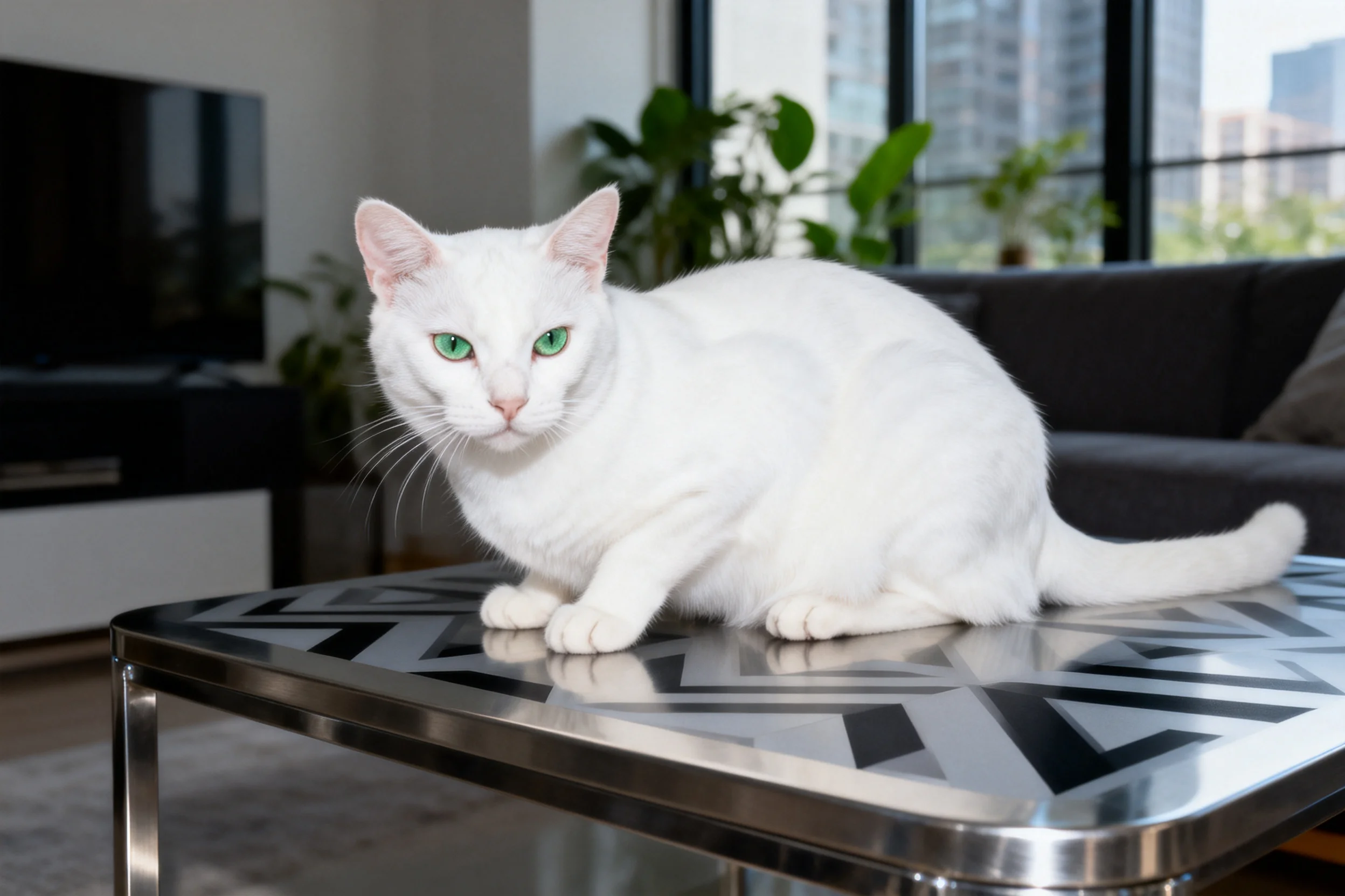 白色土耳其梵猫趴在带有几何图案的现代金属茶几上,毛发洁白柔软,眼睛呈翠绿色,姿态安静优雅。