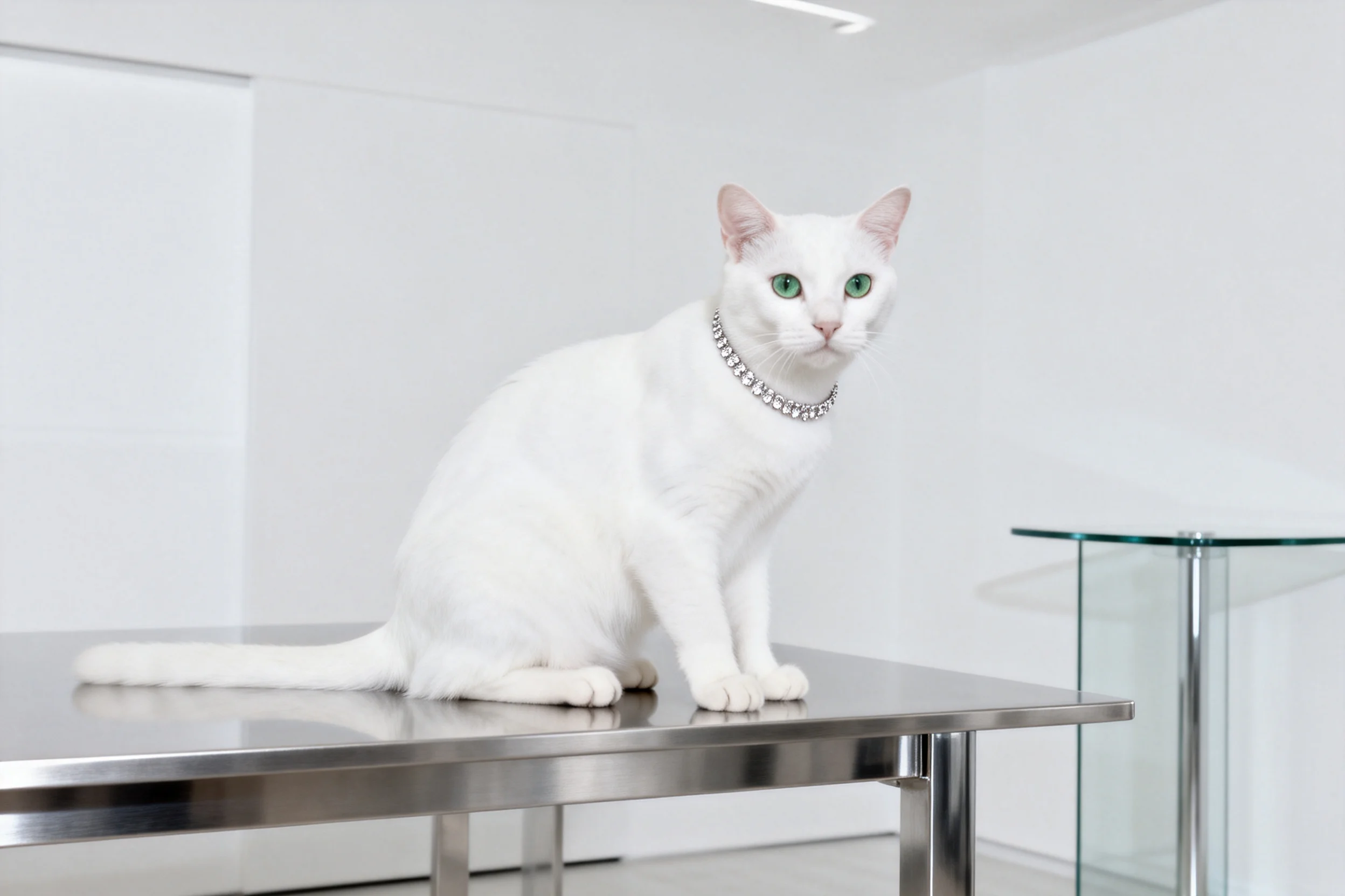 白色布偶混血猫有着绿色眼睛,正安静地坐在光滑的不锈钢桌面上。