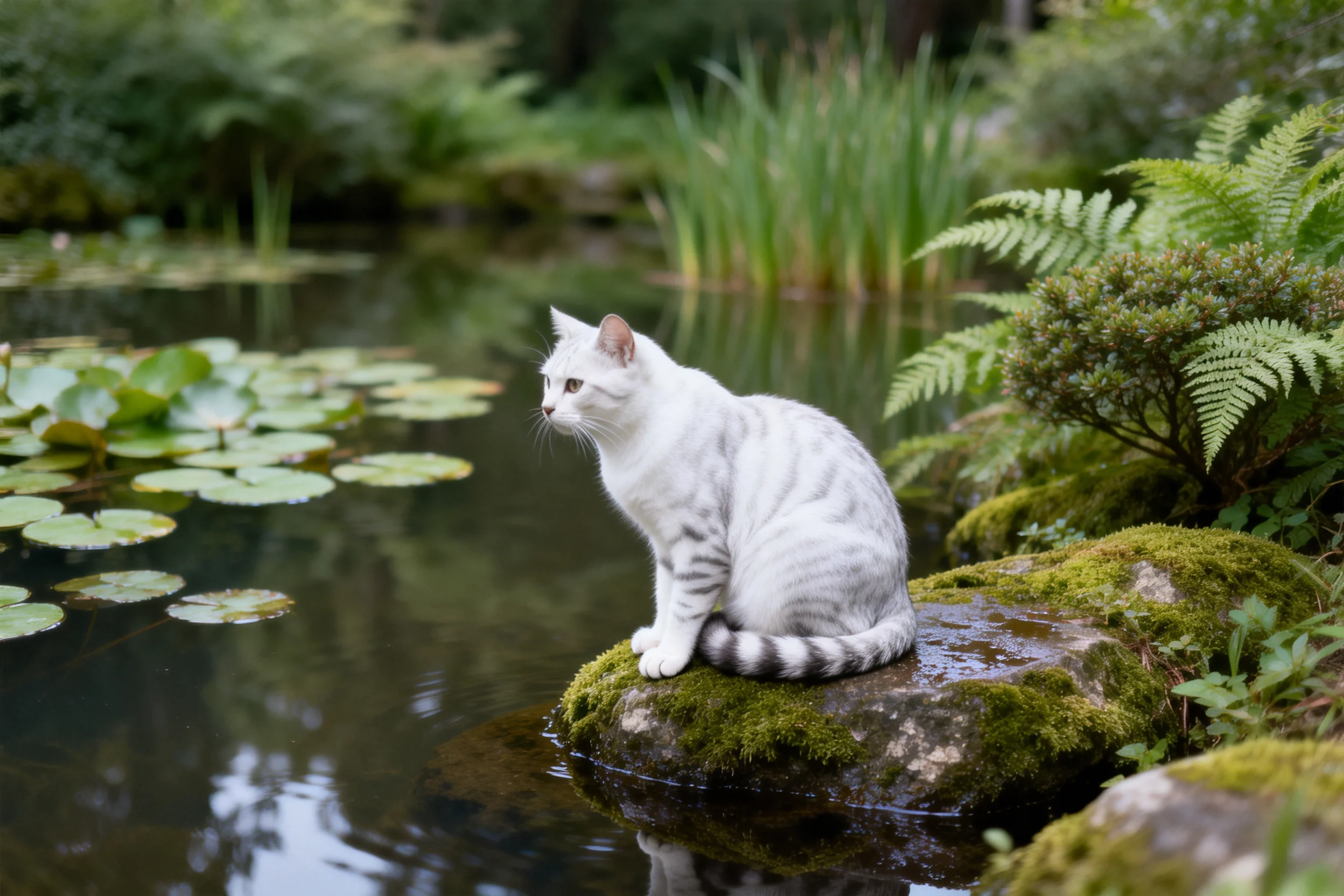 银虎斑短毛猫安静地坐在苔藓岩石的岩石上,白色皮毛带有灰色条纹,周围是平静的水域与茂密的水生植物。