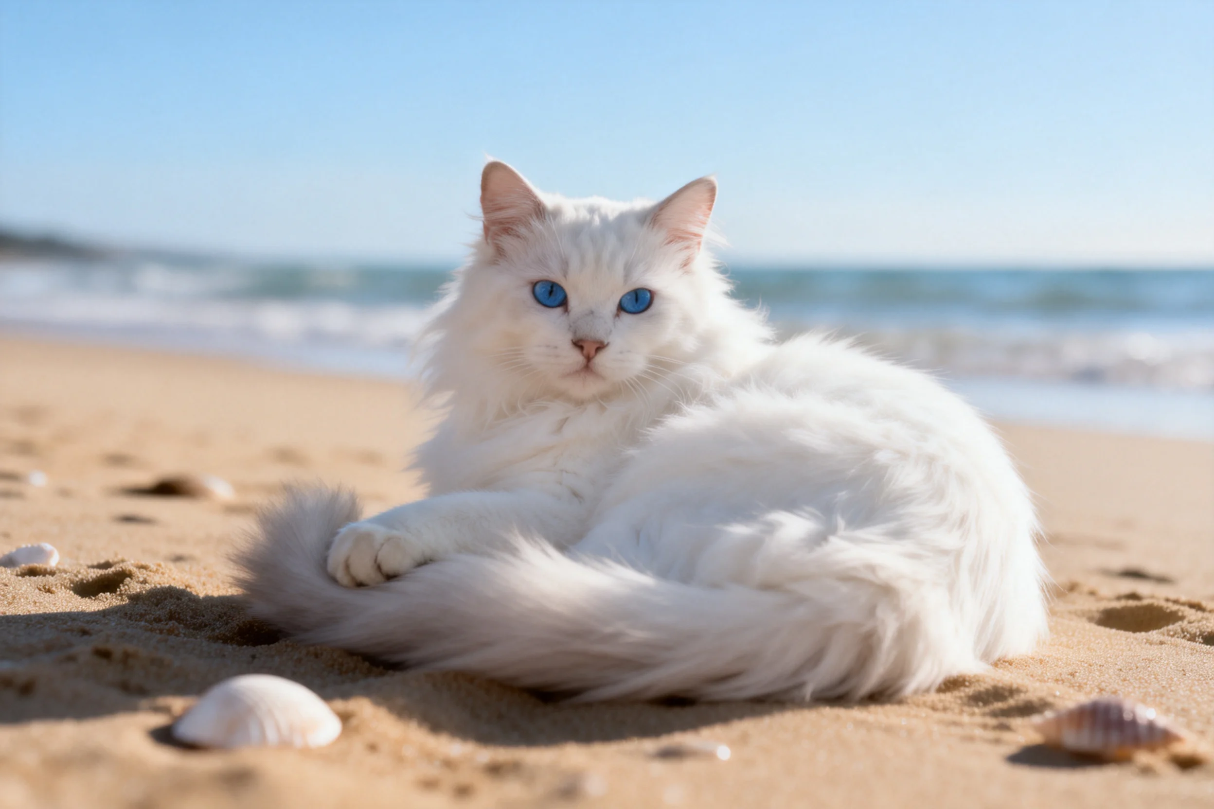 蓝眼睛白色长毛猫趴在沙滩上,拥有蓬松白色白的毛发和明亮蓝色眼睛。