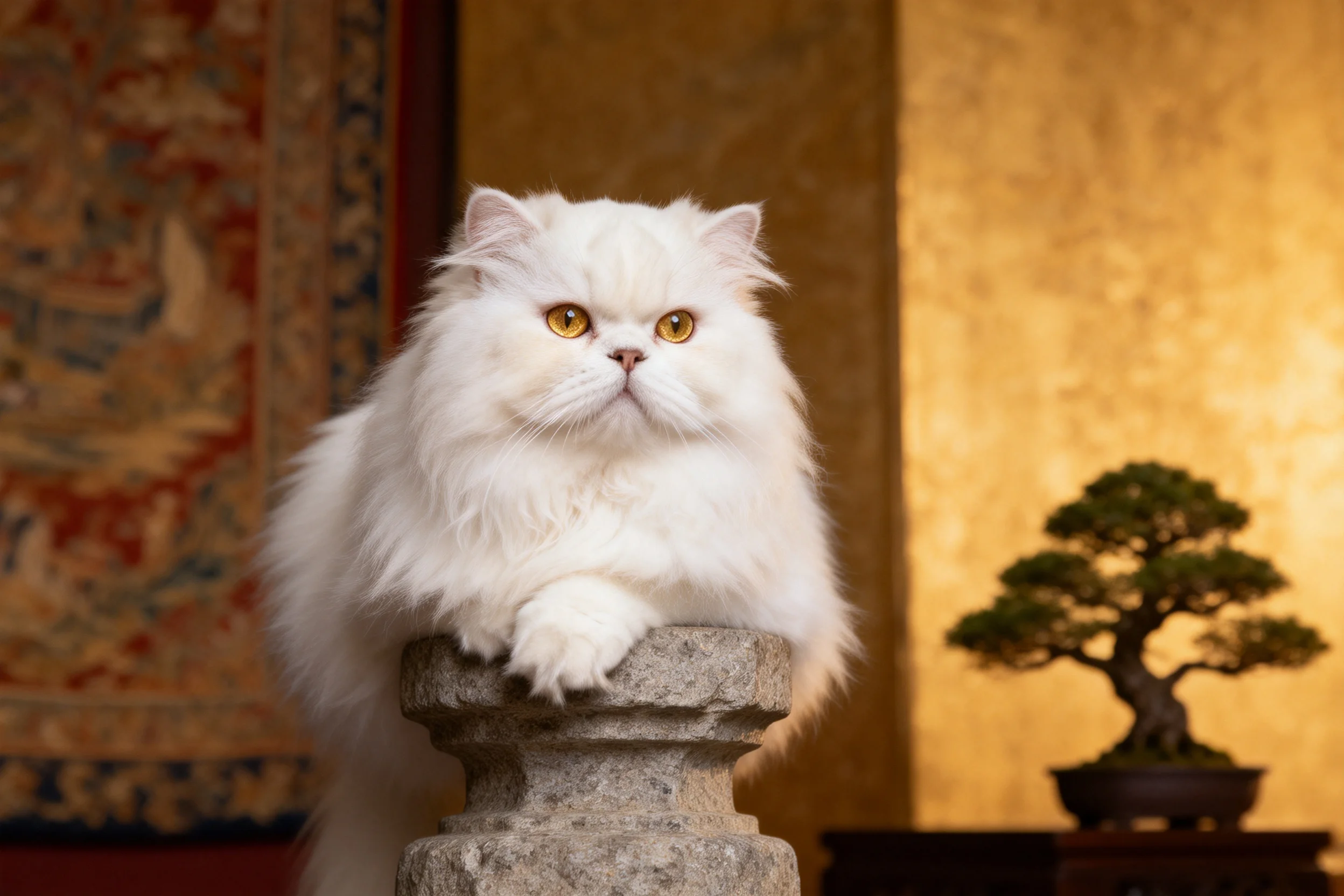 一只白色的波斯长毛猫，有着金黄色的眼睛，正趴在石质基座上，毛发蓬松柔软。