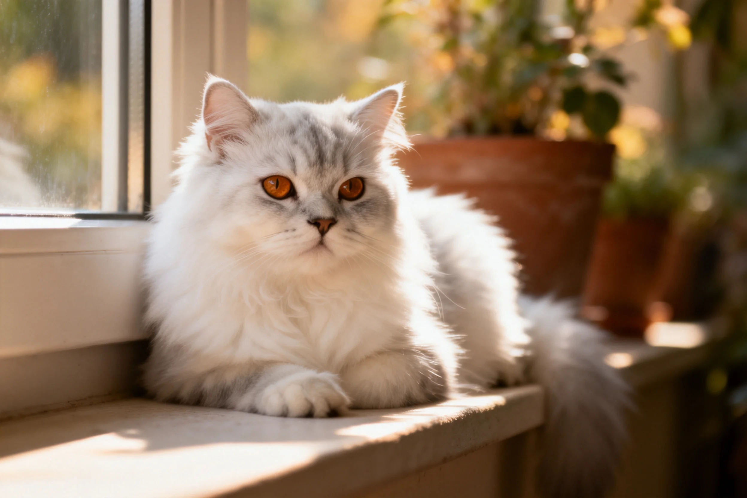 窗台上是一只英国长毛猫，它有着蓬松洁白的毛发和明亮的琥珀色眼睛，正安静地趴在窗台上。