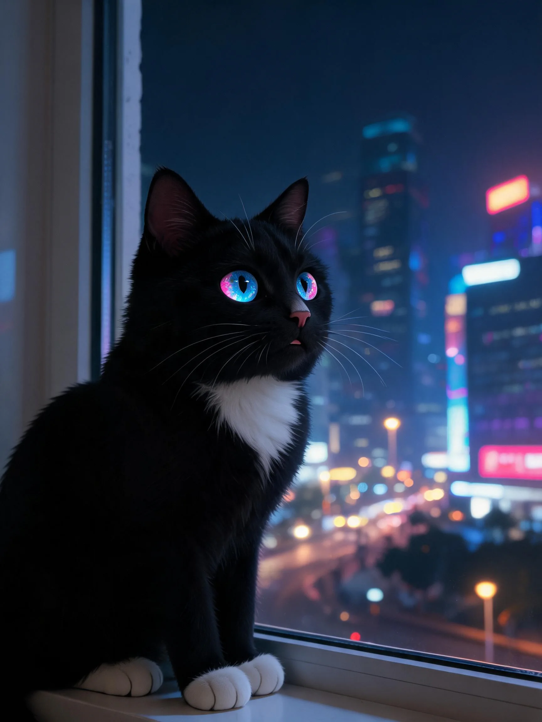 一只蓝眼的黑白短毛家猫，白色爪子和胸部毛发清晰可见，正坐在窗台上凝视夜晚的城市景观。