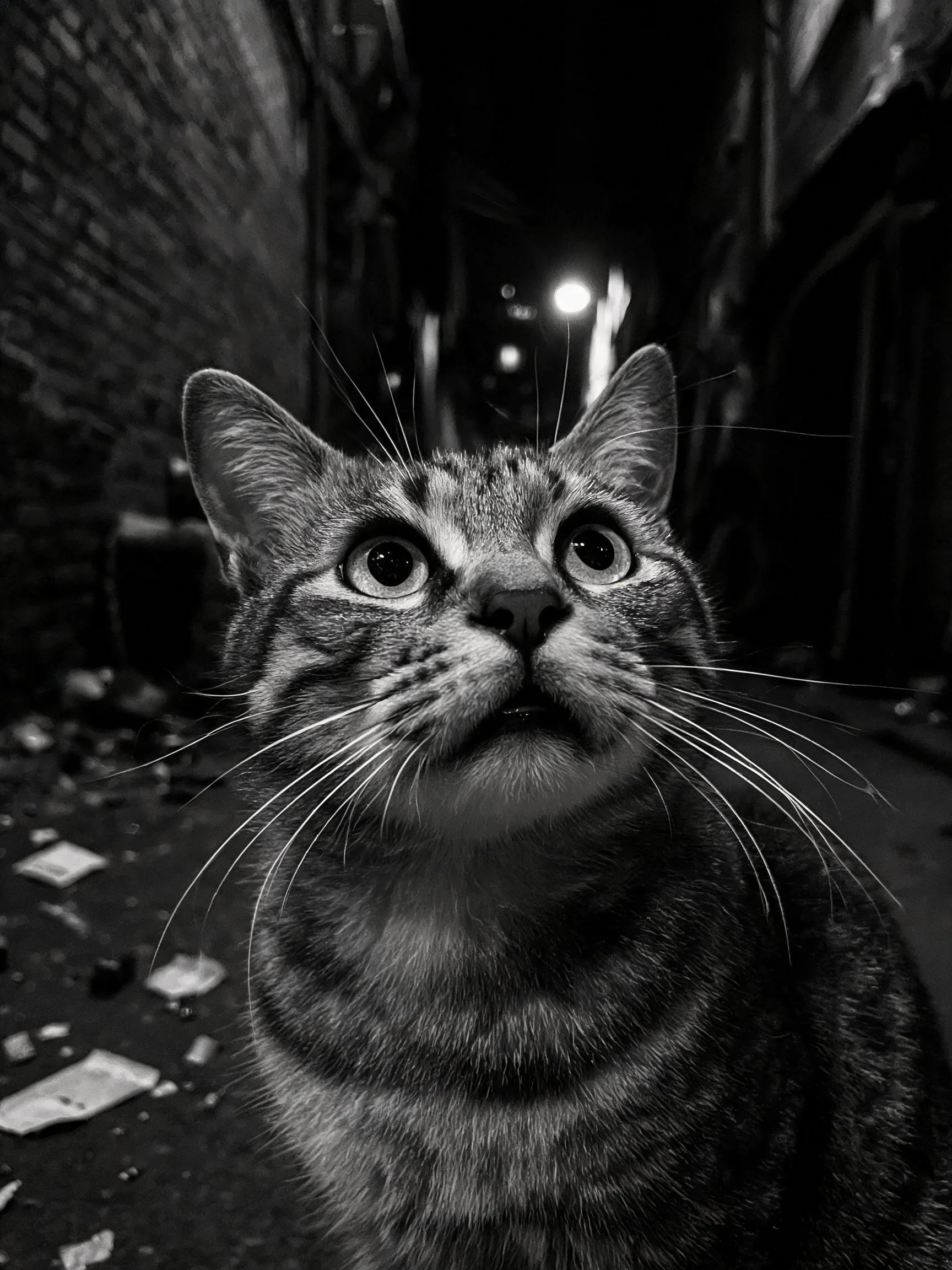 短毛虎斑猫双眼圆睁仰望上方,皮毛呈典型虎斑条纹图案。