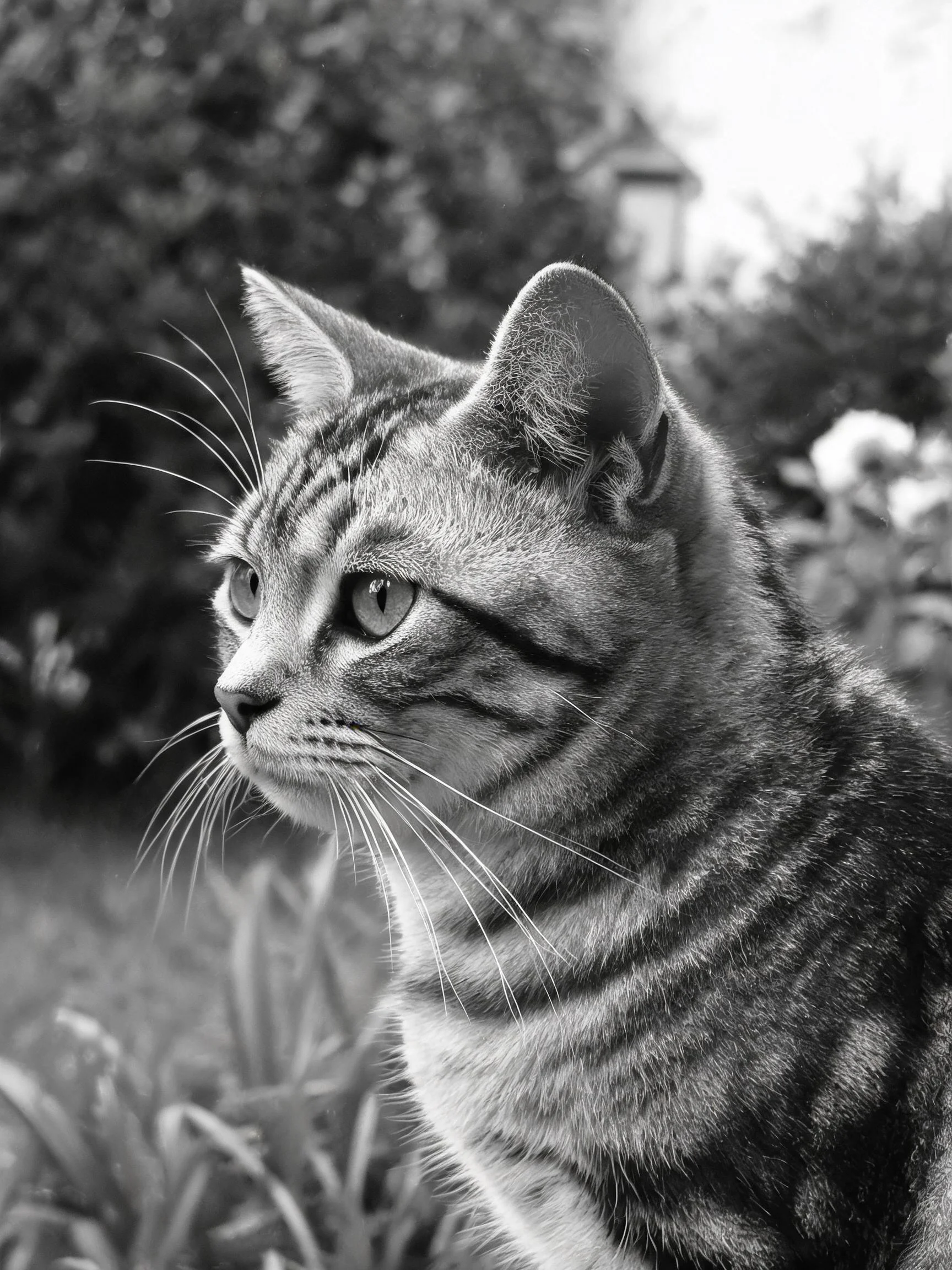 花园中一只虎斑短毛猫,拥有清晰的条纹毛发和明亮的眼睛。