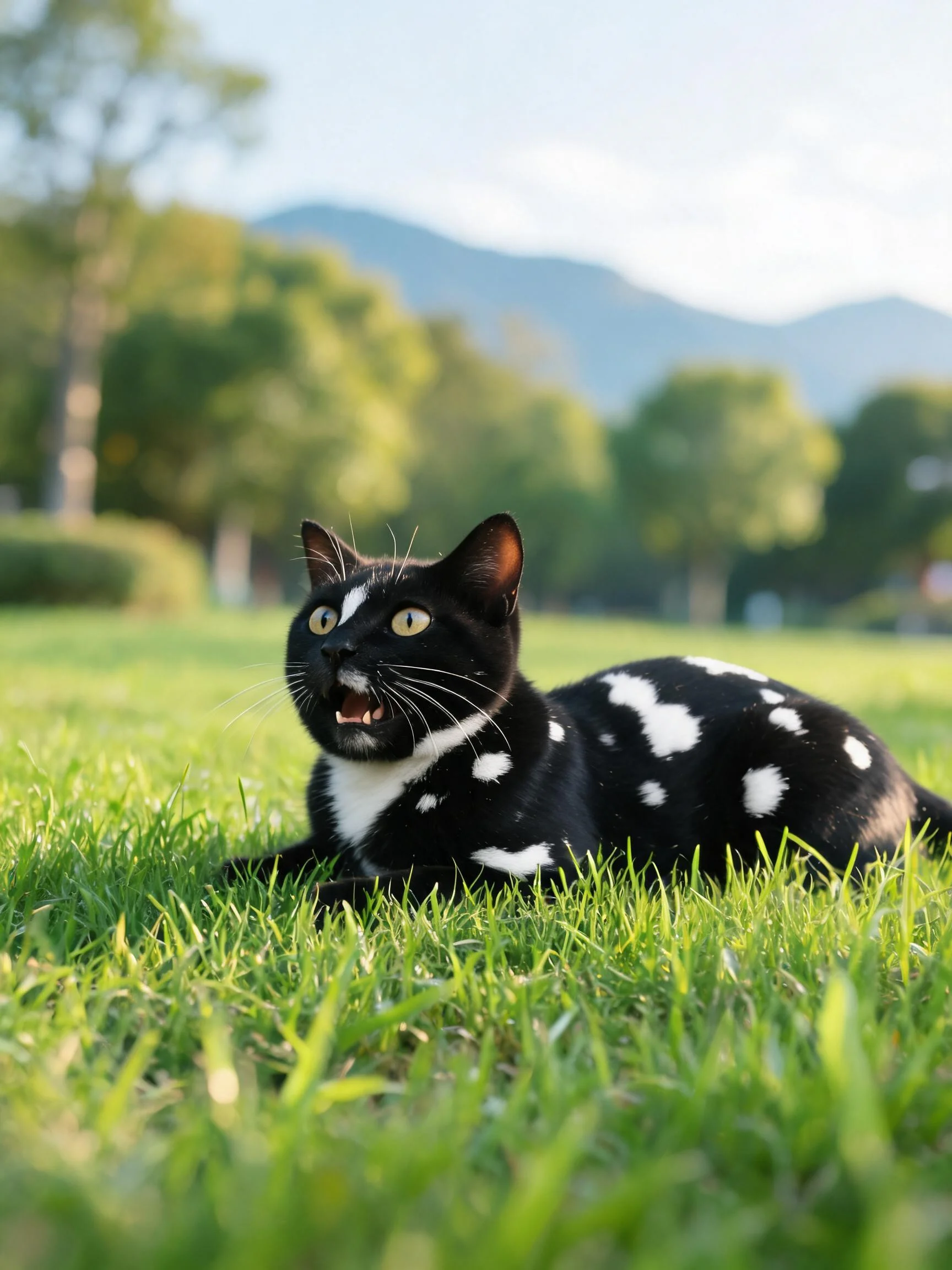 玳瑁斑纹短毛猫趴在草地上,黄色眼睛注视前方,黑色皮毛带有白色斑点,嘴巴张开呈现动态姿态。