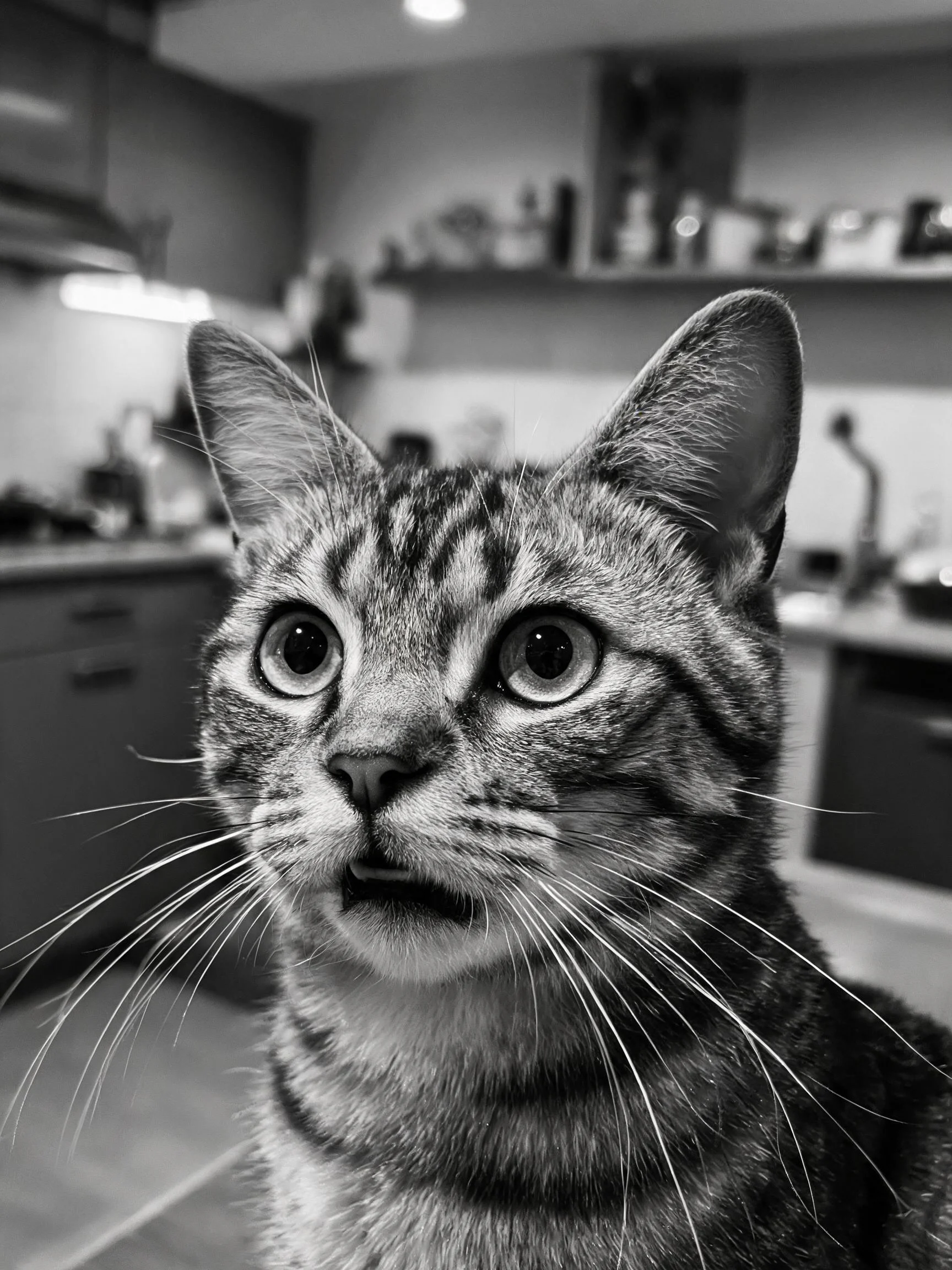 短毛虎斑猫眼神圆睁,胡须向前伸展,处于警觉观察状态。