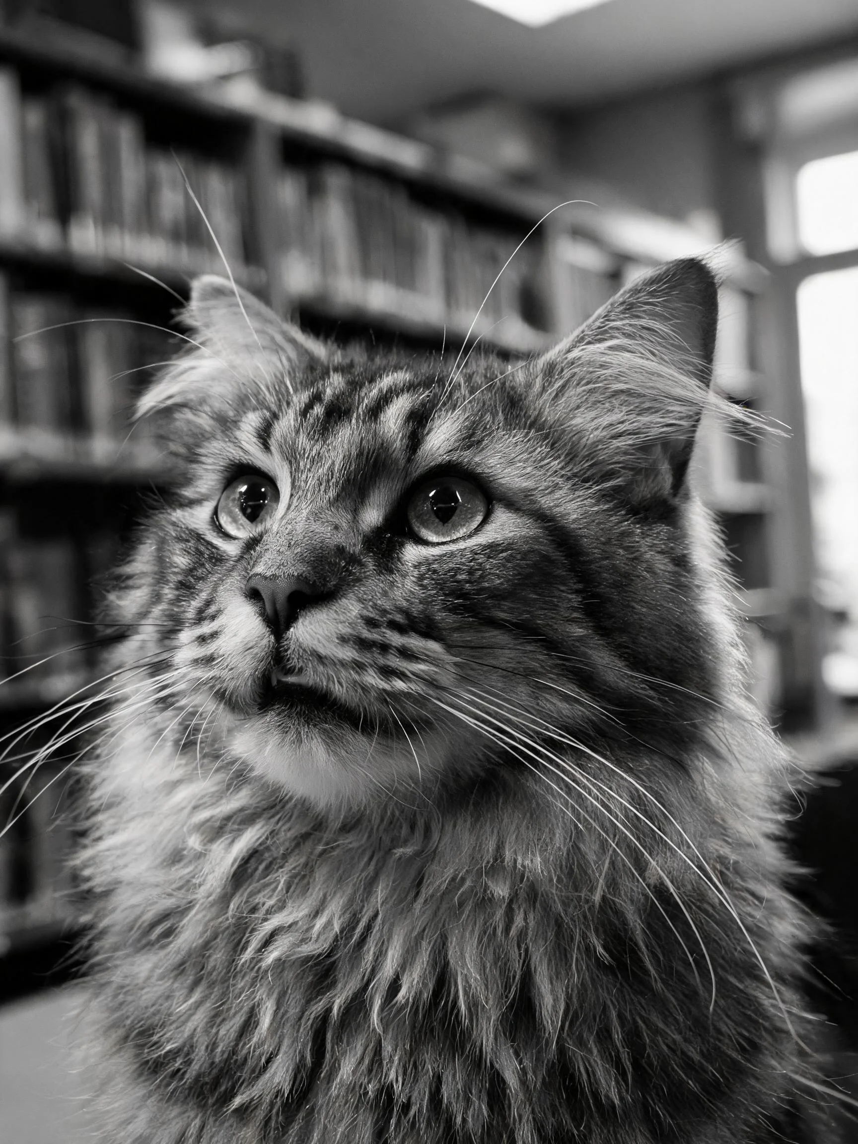 缅因猫抬头凝视,修长的胡须和蓬松的虎斑纹理清晰可见。