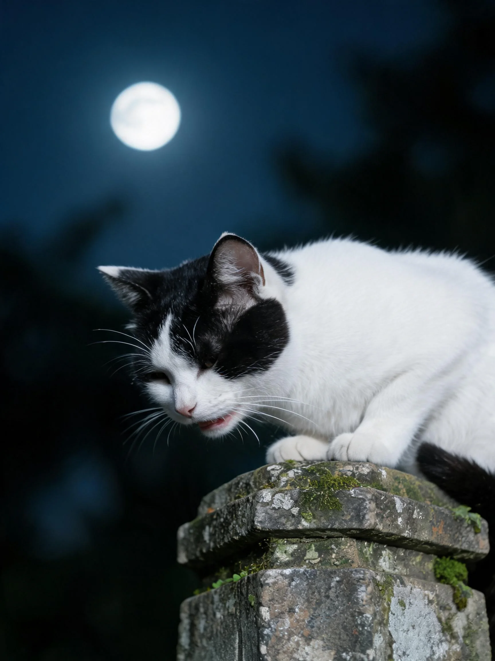 短毛家猫黑白相间的被毛,嘴巴微张露出口鼻部位,处于夜间环境中。