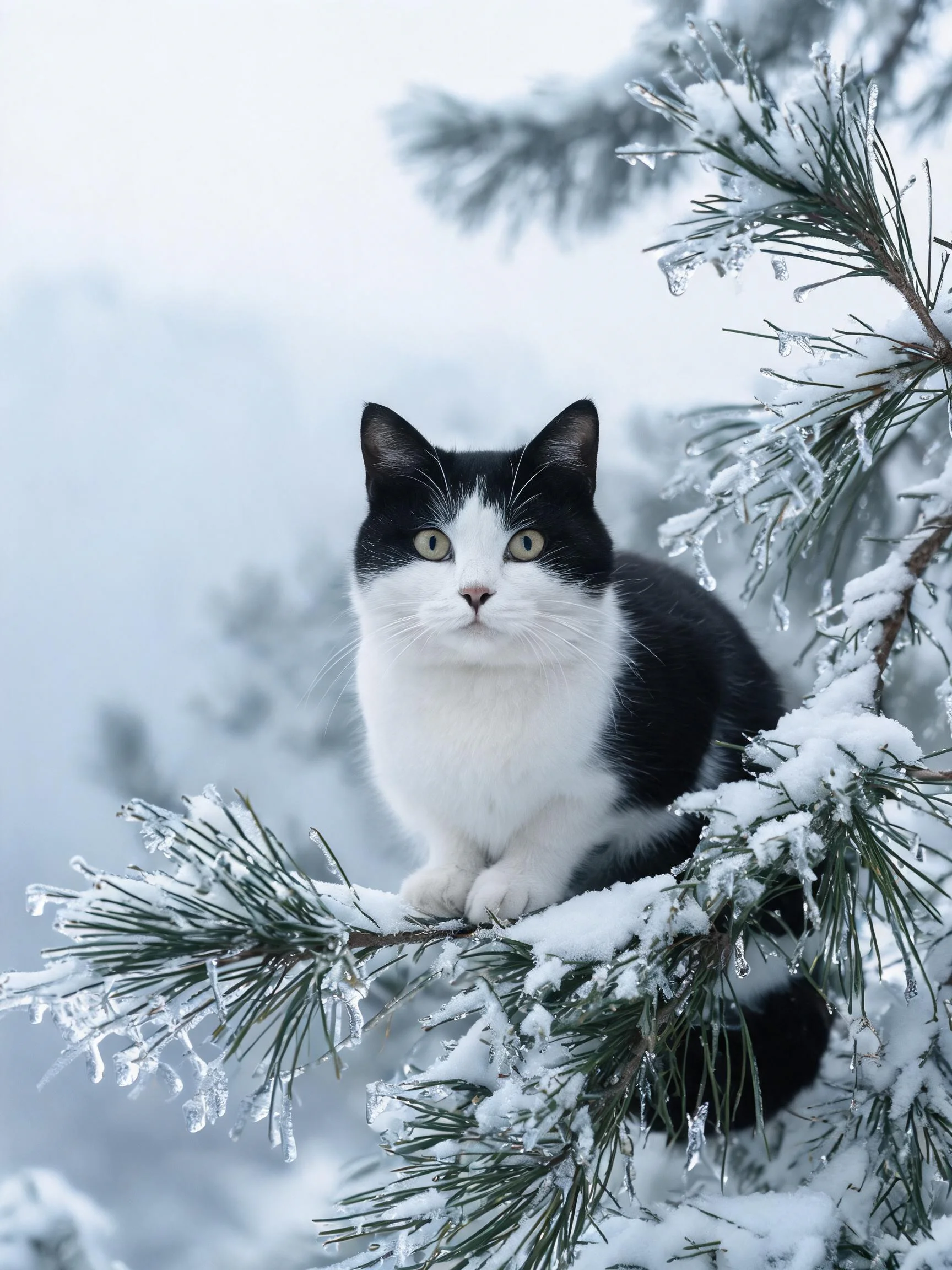 短毛家猫安静地栖息在覆雪的松枝上，黑白相间的毛发与周围银白景色形成鲜明对比，眼部明亮有神。