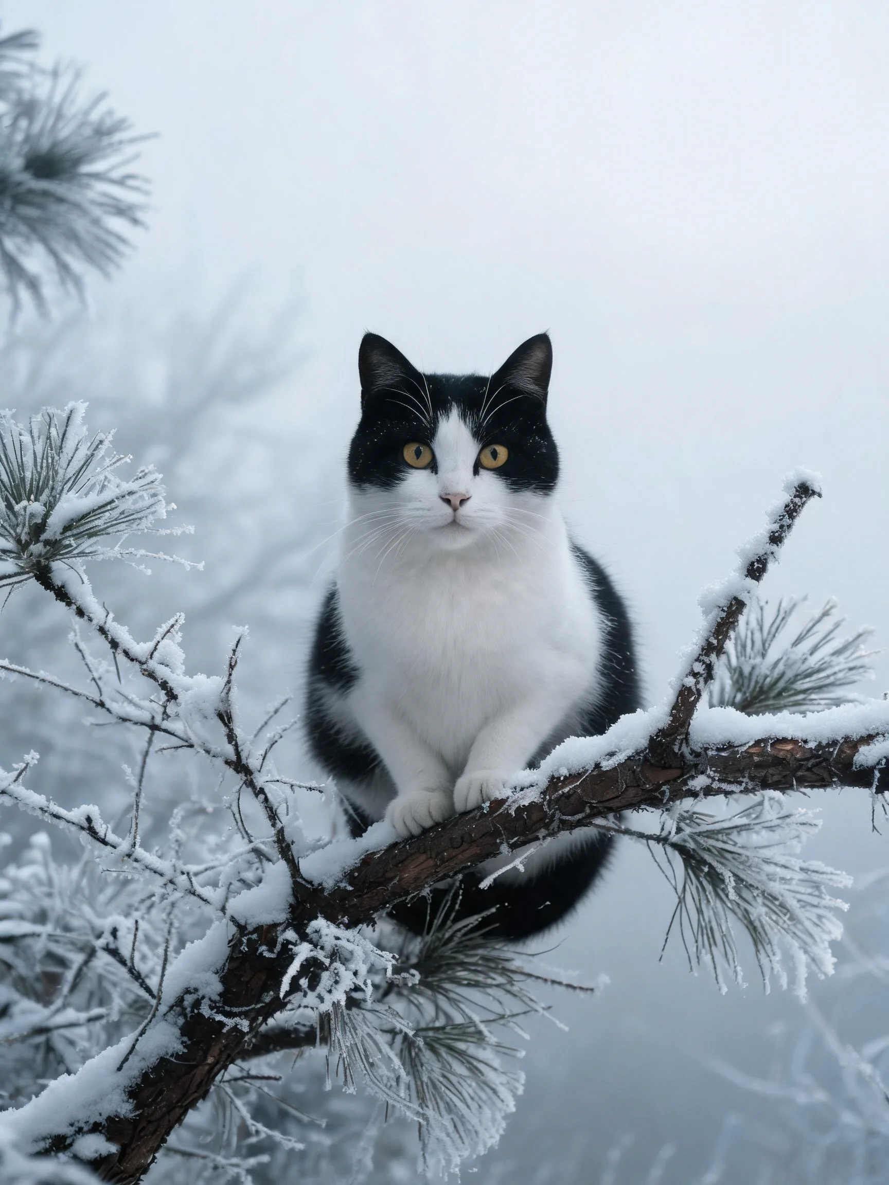 图中是一只黑白短毛家猫,正安静地栖息在覆雪的松树枝桠之上,眼部明亮且目光平静。
