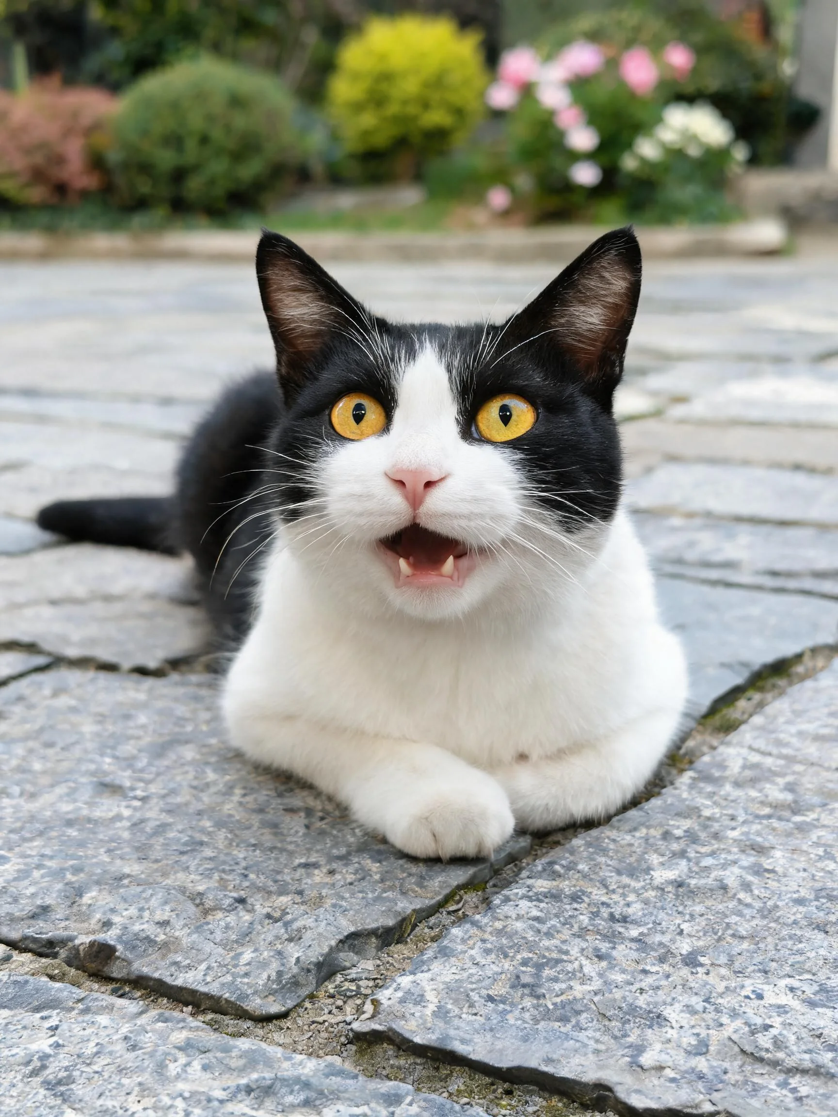 黑白短毛家猫有着明亮的黄色眼睛,嘴巴微张,趴在石板路上。