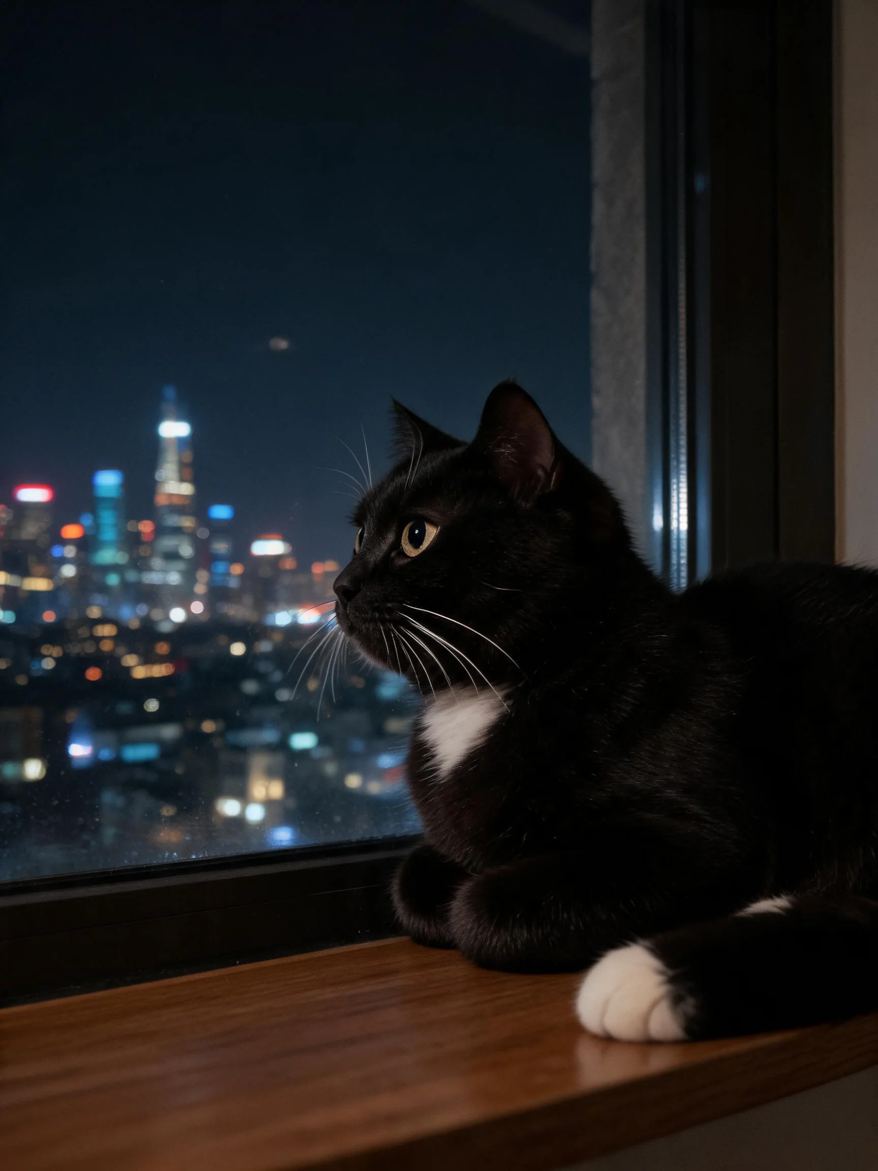 一只短毛家猫正趴在窗台上,白色爪子和胸部与黑色被毛形成鲜明对比,凝视着城市夜景。
