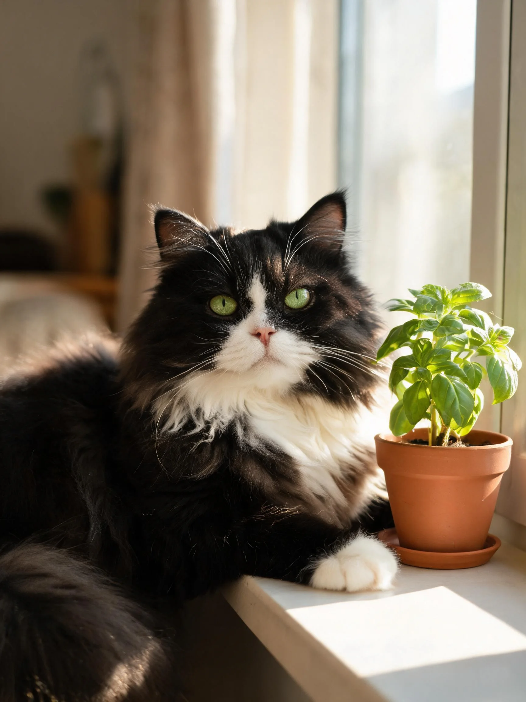 三色长毛猫安静地趴在窗台上，有着绿色眼睛和浓密的长毛发，身旁是陶土盆栽的罗勒。
