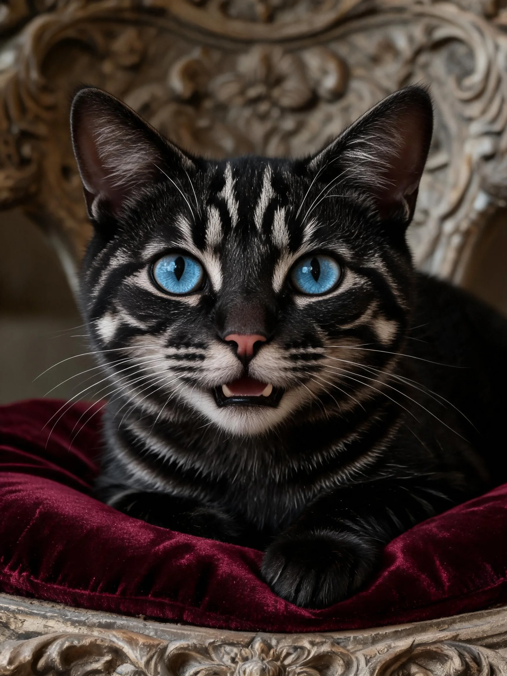 蓝眼睛玳瑁斑纹猫趴在深红色绒布座椅上，面部有白色条纹图案，眼睛明亮清澈。