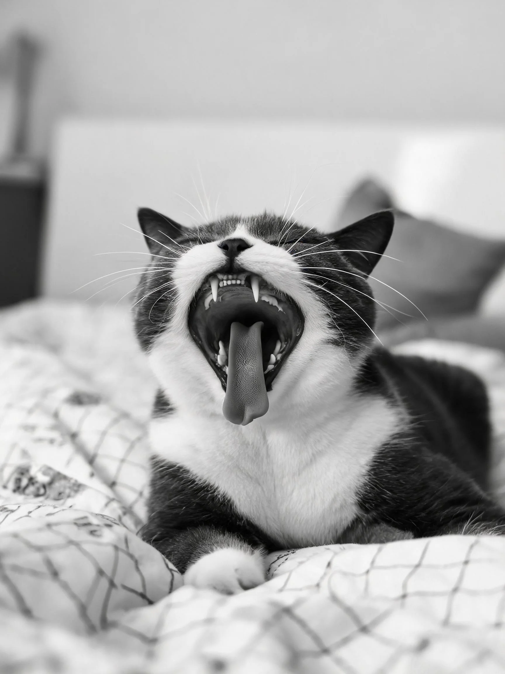 黑白短毛家猫嘴巴张开露出锋利牙齿和伸出舌头的画面。