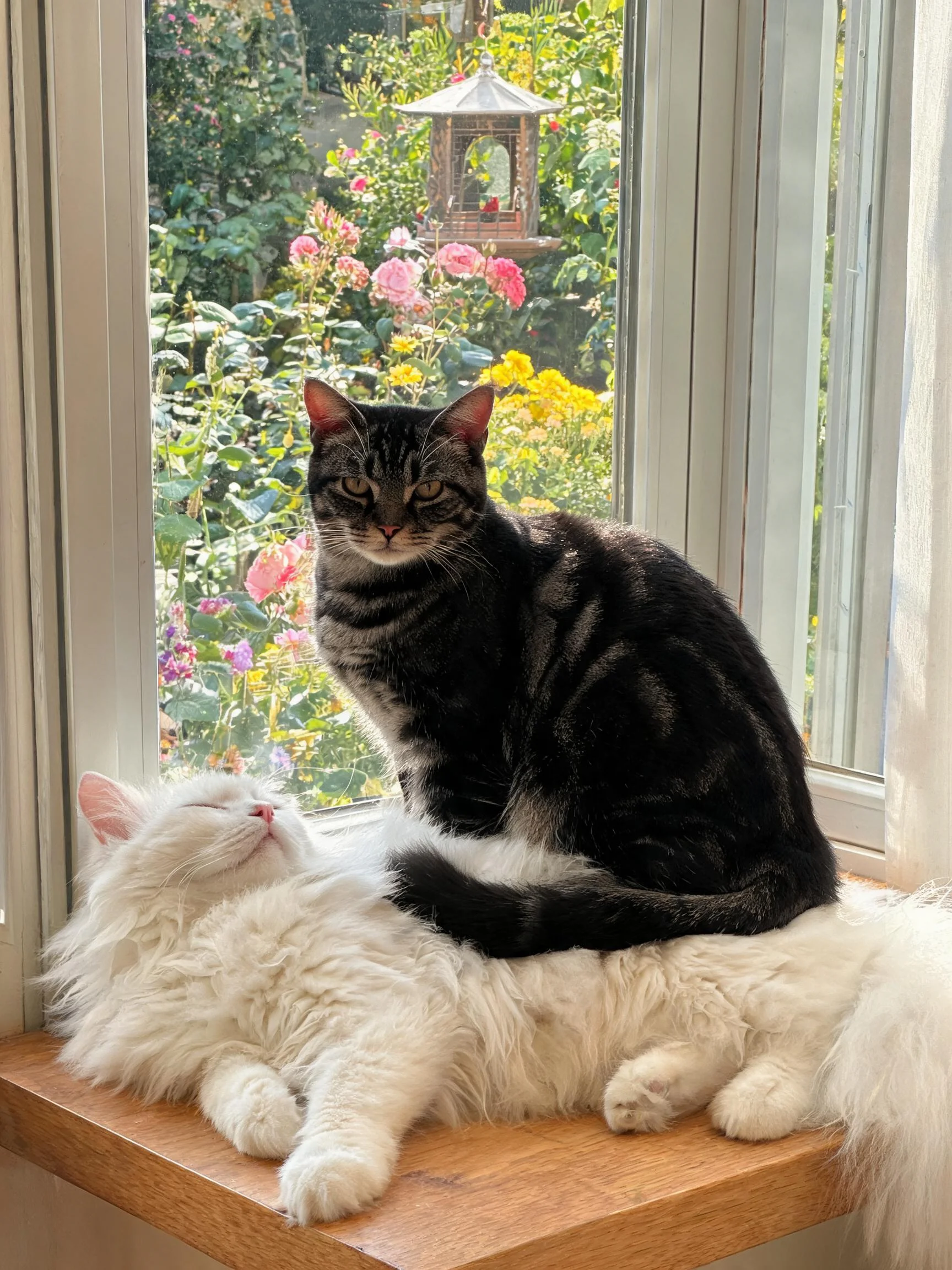 黑色的短毛虎斑猫安静地趴在白色长毛猫咪身上,其皮毛呈现出清晰的虎斑纹理,白色猫咪蓬松柔软的毛发清晰可见。