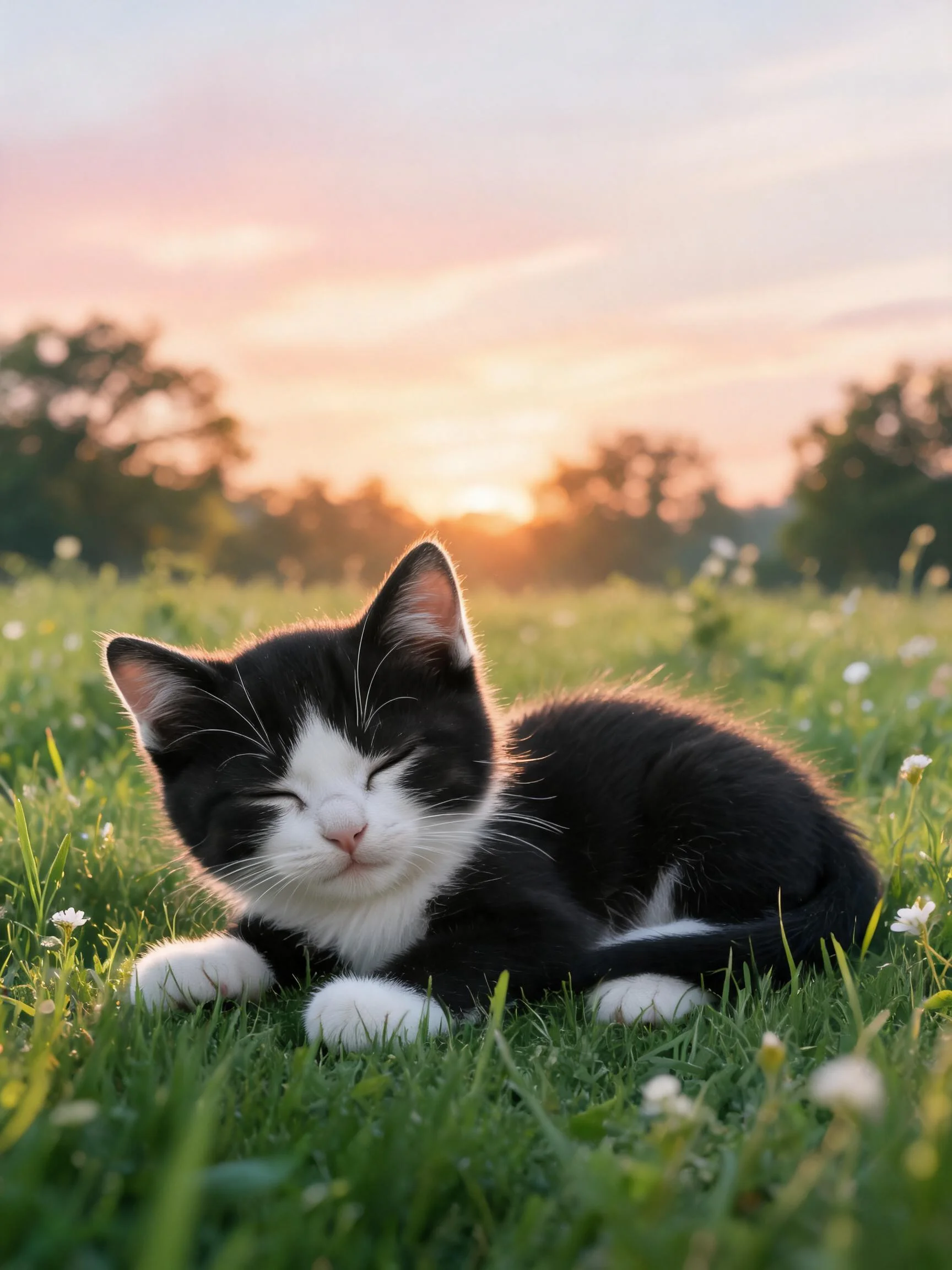 黑白短毛家猫在夕阳下有着黑白相间的毛发,双眼微闭处于休息状态。