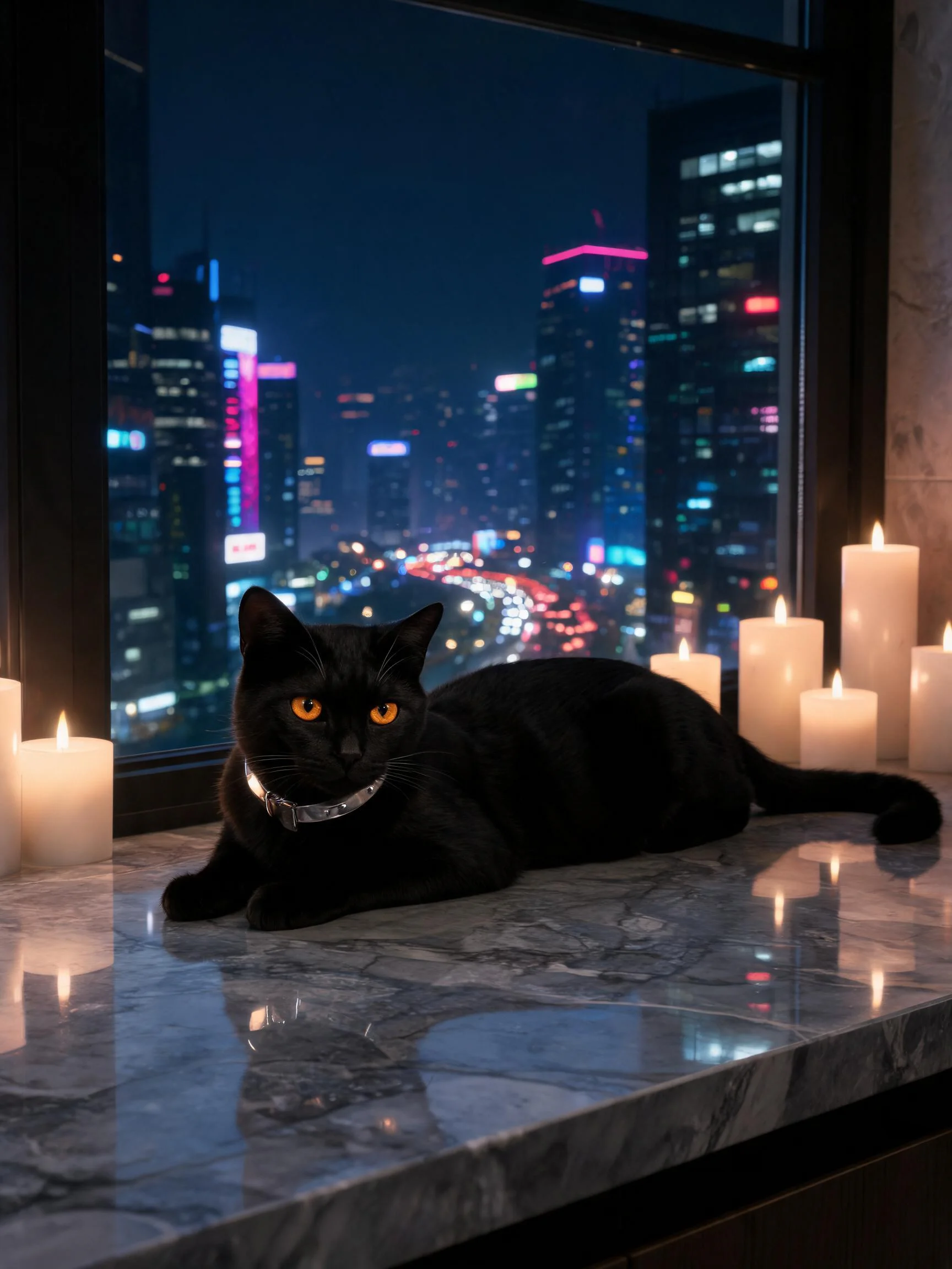 短毛黑猫有着橙黄色眼睛,正安静地趴在窗台的大理石表面,周围环绕着点燃的白色蜡烛。