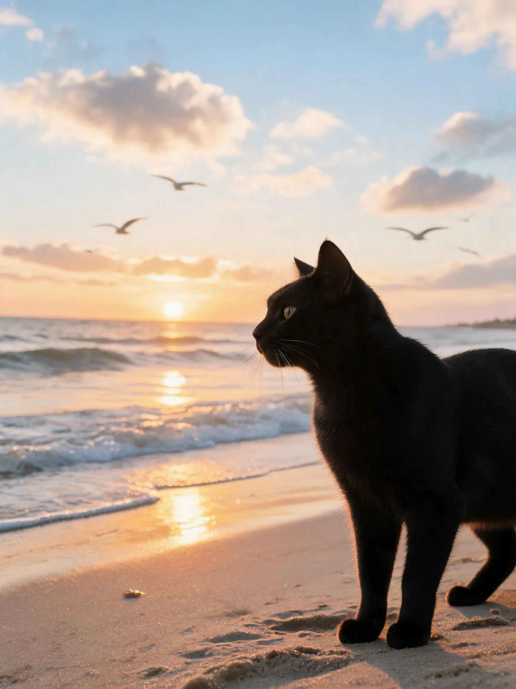 短毛家猫站立在沙滩上,黑色皮毛在夕阳下显得格外醒目,目光专注凝视远方。