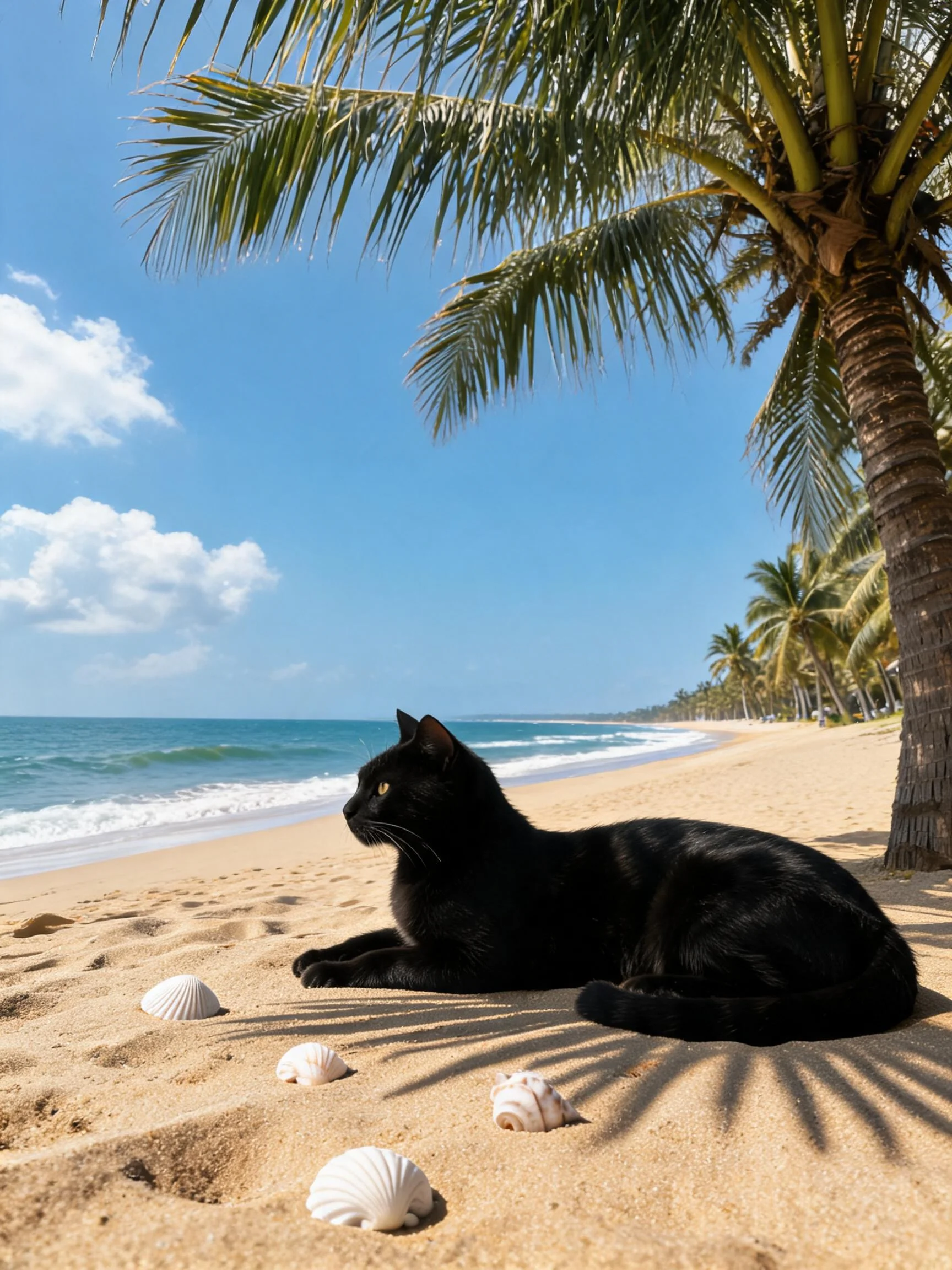 黑色短毛家猫趴在沙滩上,周围散落着白色贝壳,皮毛光滑有光泽。
