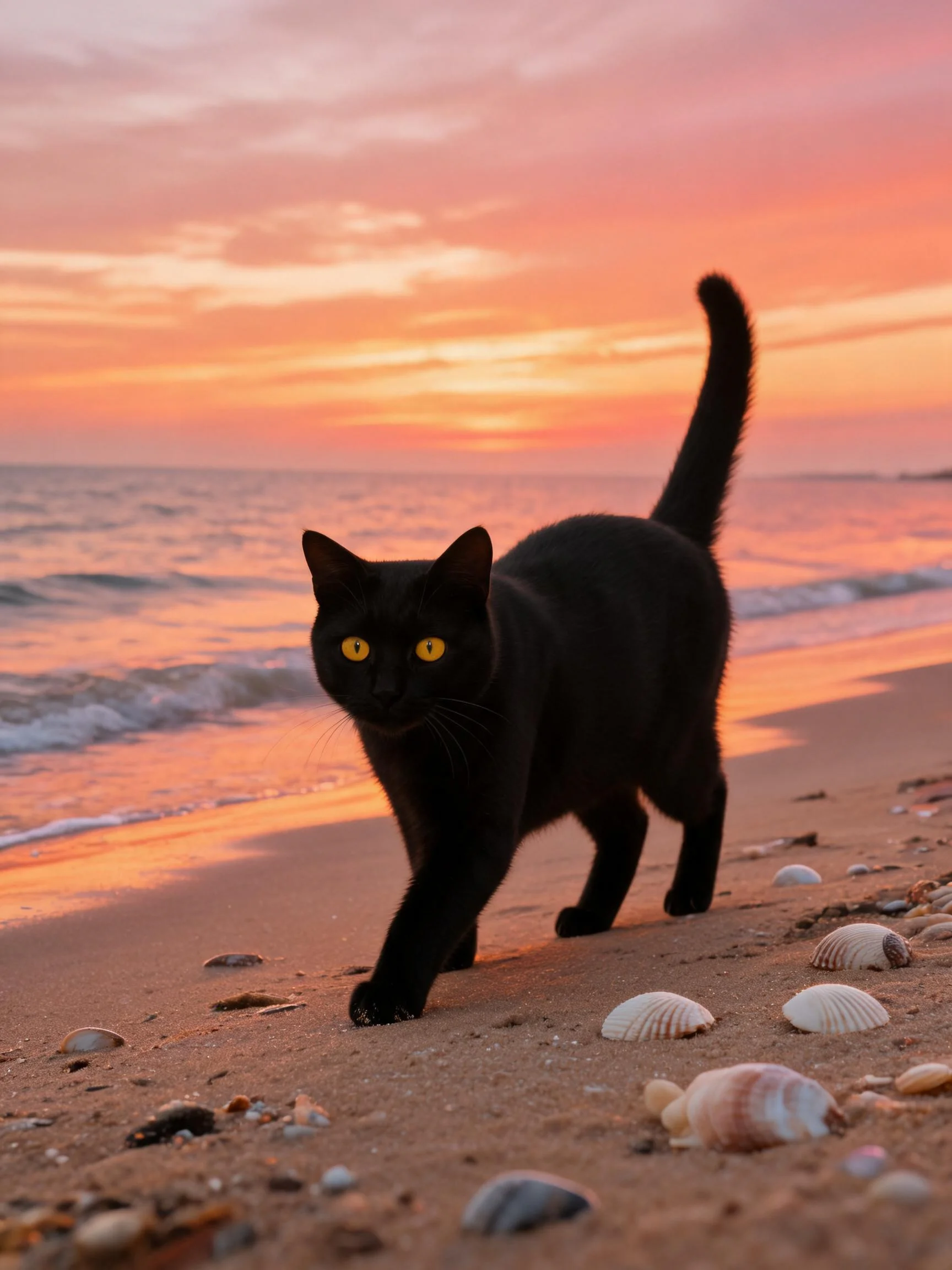 一只黑色短毛家猫,黄色的眼睛明亮,黑色的毛发在夕阳下清晰可见,正走在布满贝壳的沙滩上。