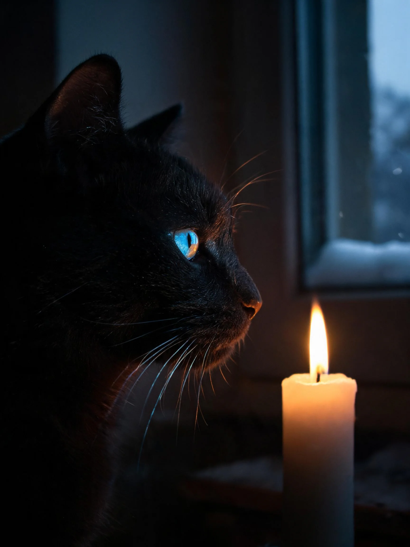 蓝眼睛黑猫注视着蜡烛火焰,黑色的皮毛与蓝色眼睛在烛光下显得格外醒目。