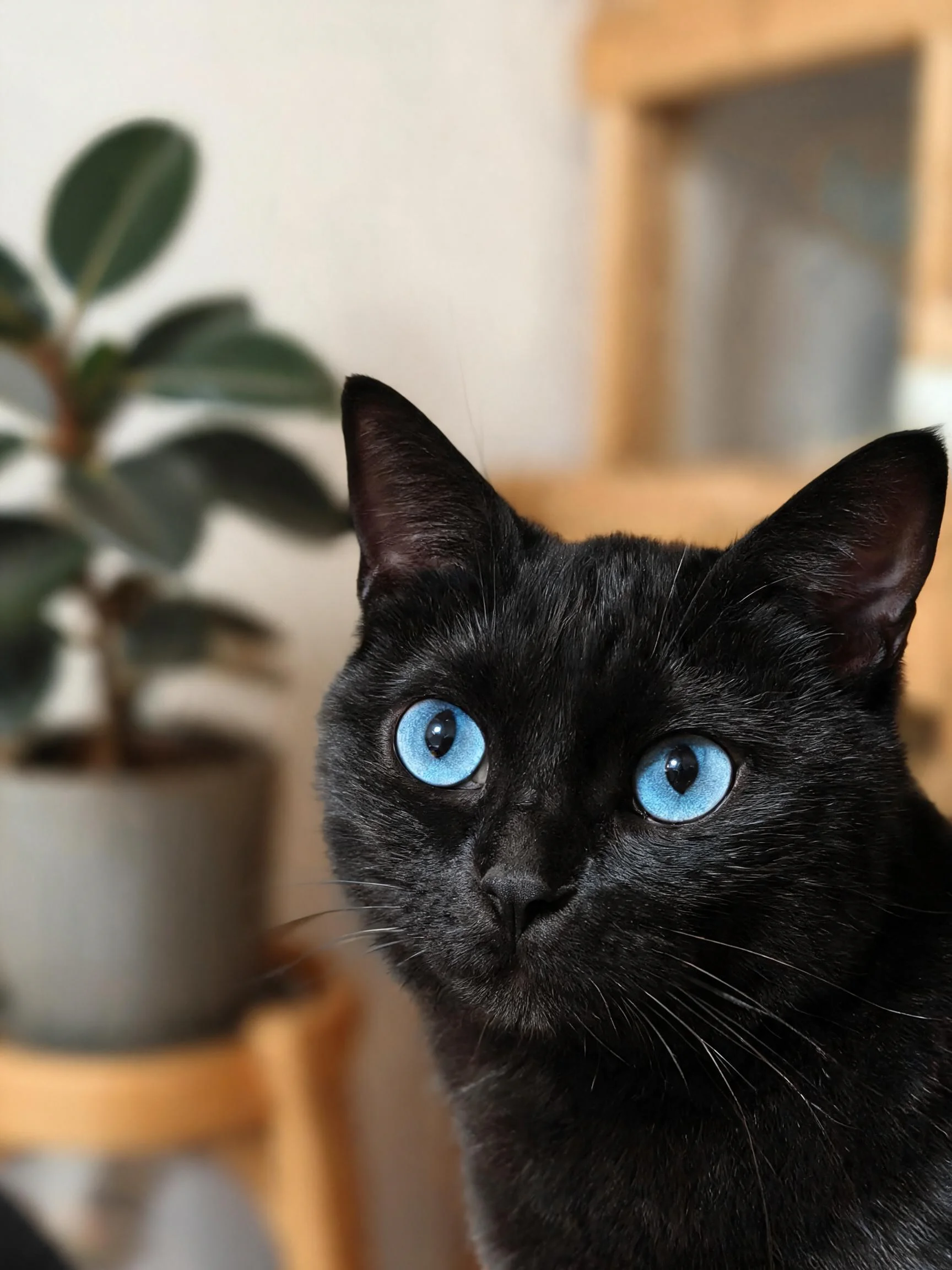 一只蓝眼睛短毛黑猫,拥有乌黑光滑的皮毛和清澈的蓝色眼睛,正专注地注视着镜头方向。