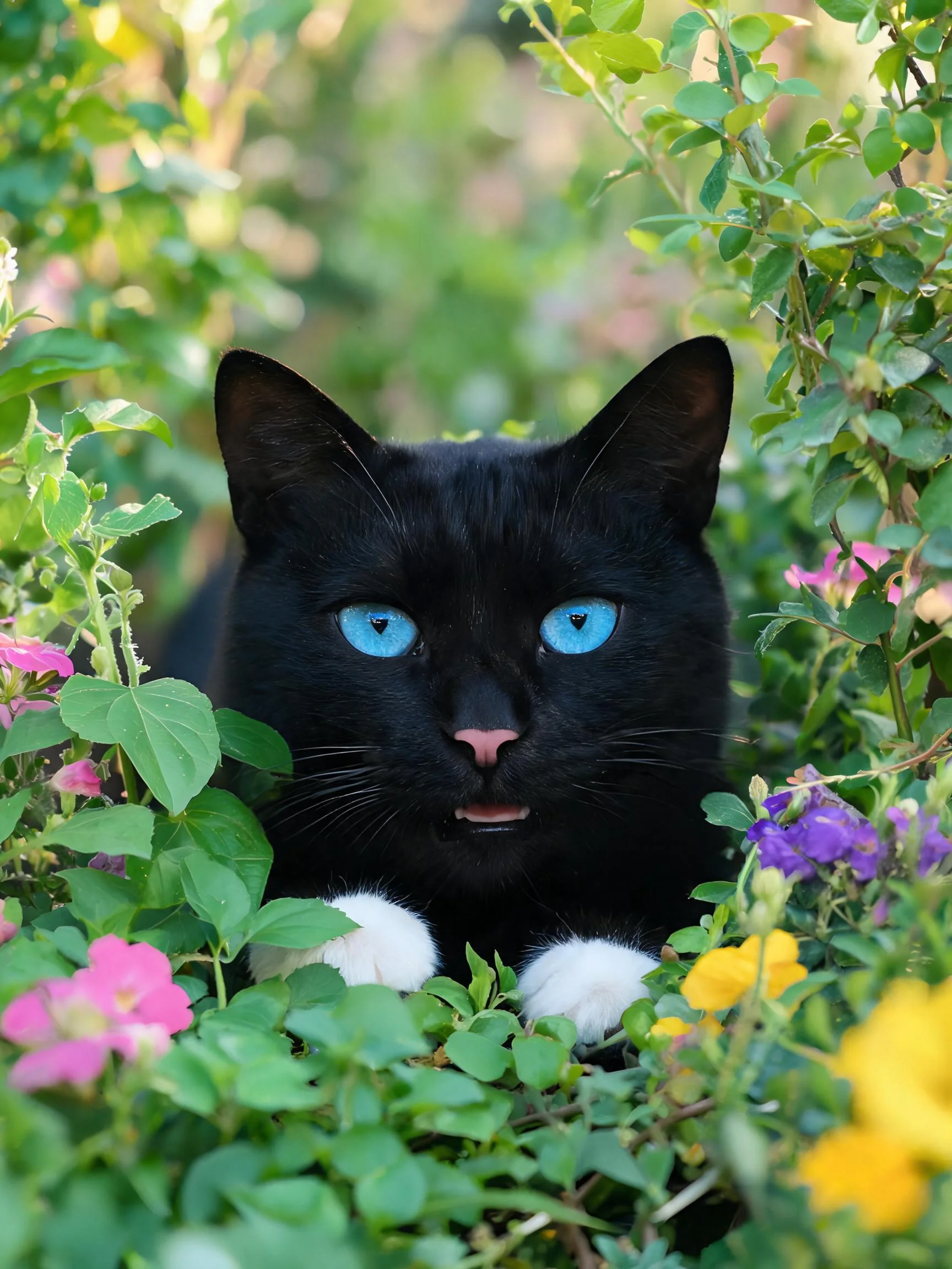 蓝眼睛黑白短毛猫在繁茂的花丛中,有着澄澈的蓝色眼睛和洁白的爪垫。