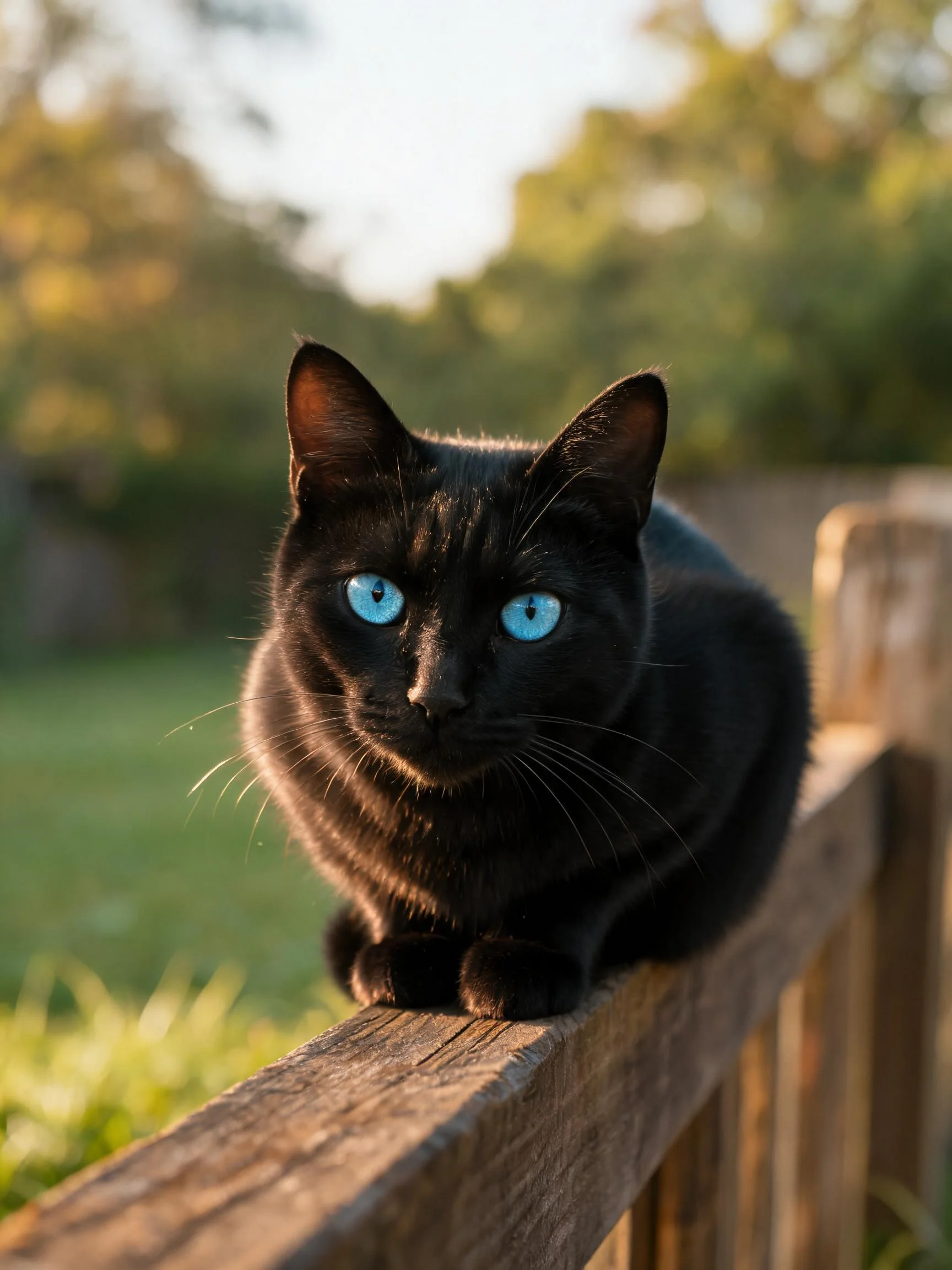 蓝眼睛黑猫有着乌黑光滑的皮毛,澄澈的蓝色眼睛直视镜头,正栖息在木质围栏上。