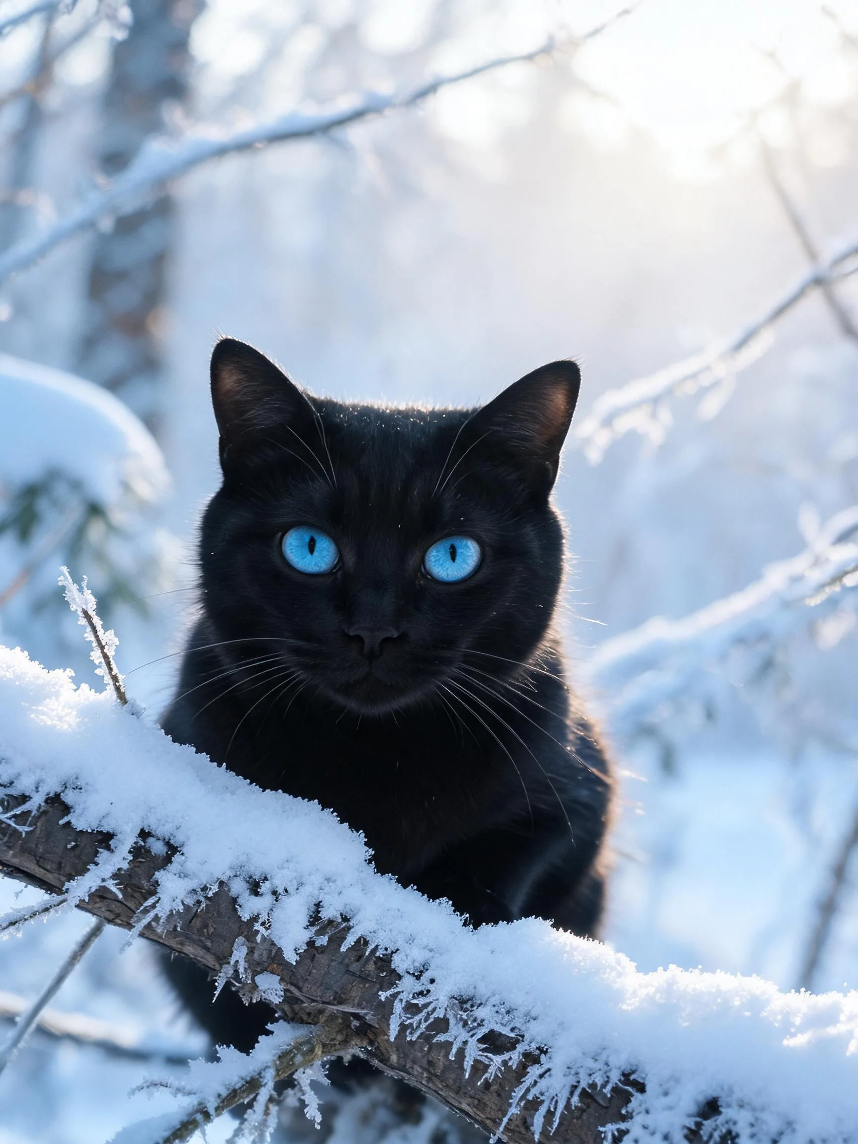 蓝眼黑猫安静地坐在积雪的树枝上,澄澈的蓝色眼睛明亮有神。