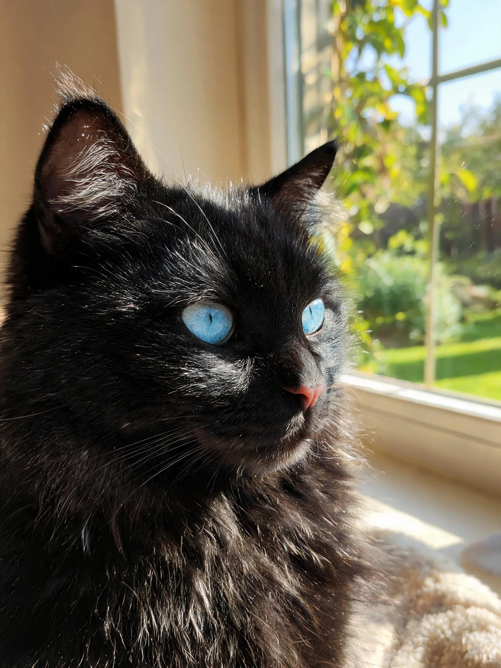 一只蓝眼睛黑长毛猫,有着蓬松的黑色毛发和澄澈的蓝色瞳孔,正安静地坐在窗边。