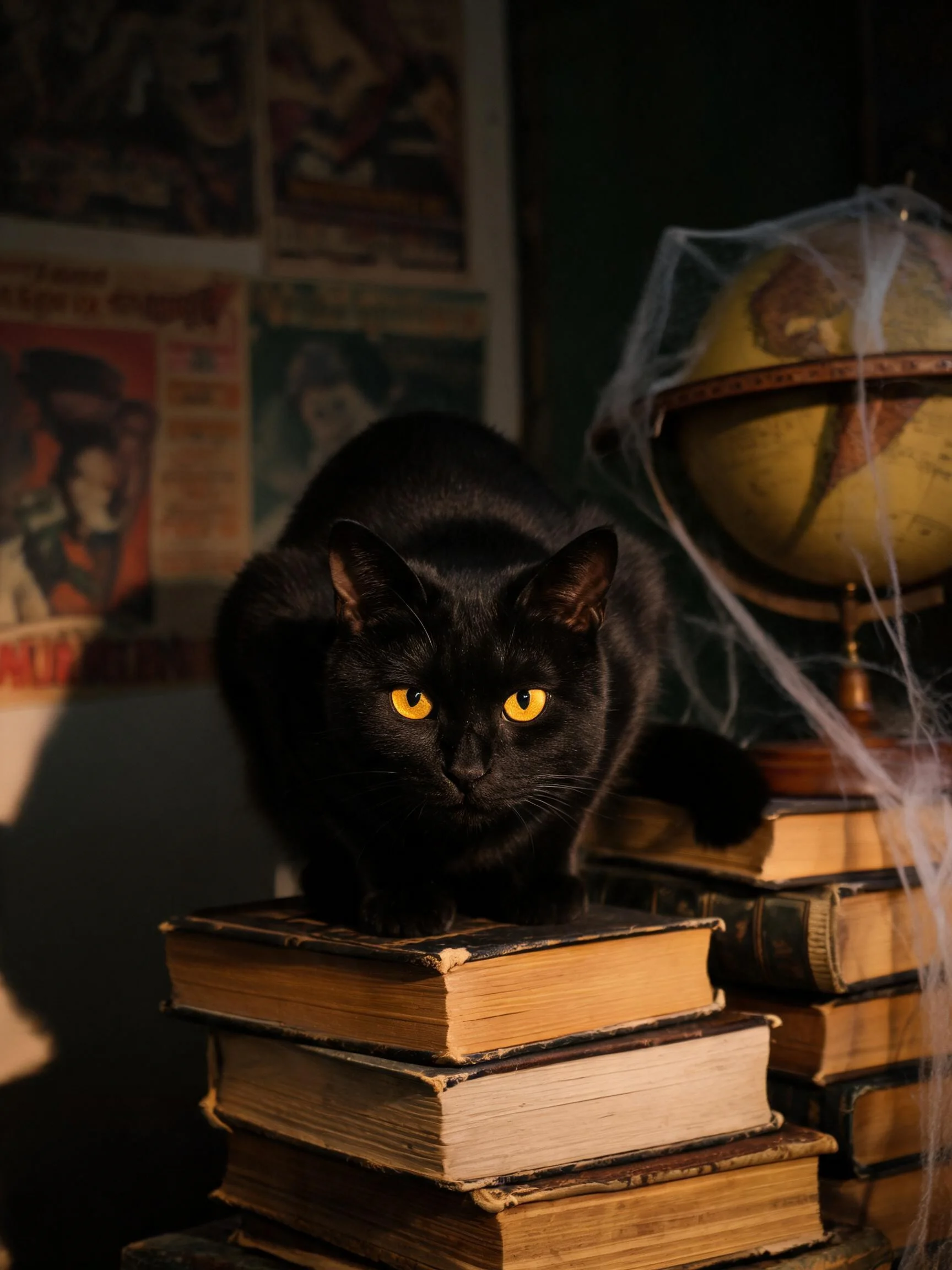 短毛黑猫黄色眼睛注视镜头,趴在泛黄的老旧古籍上,古籍堆叠在室内空间中。