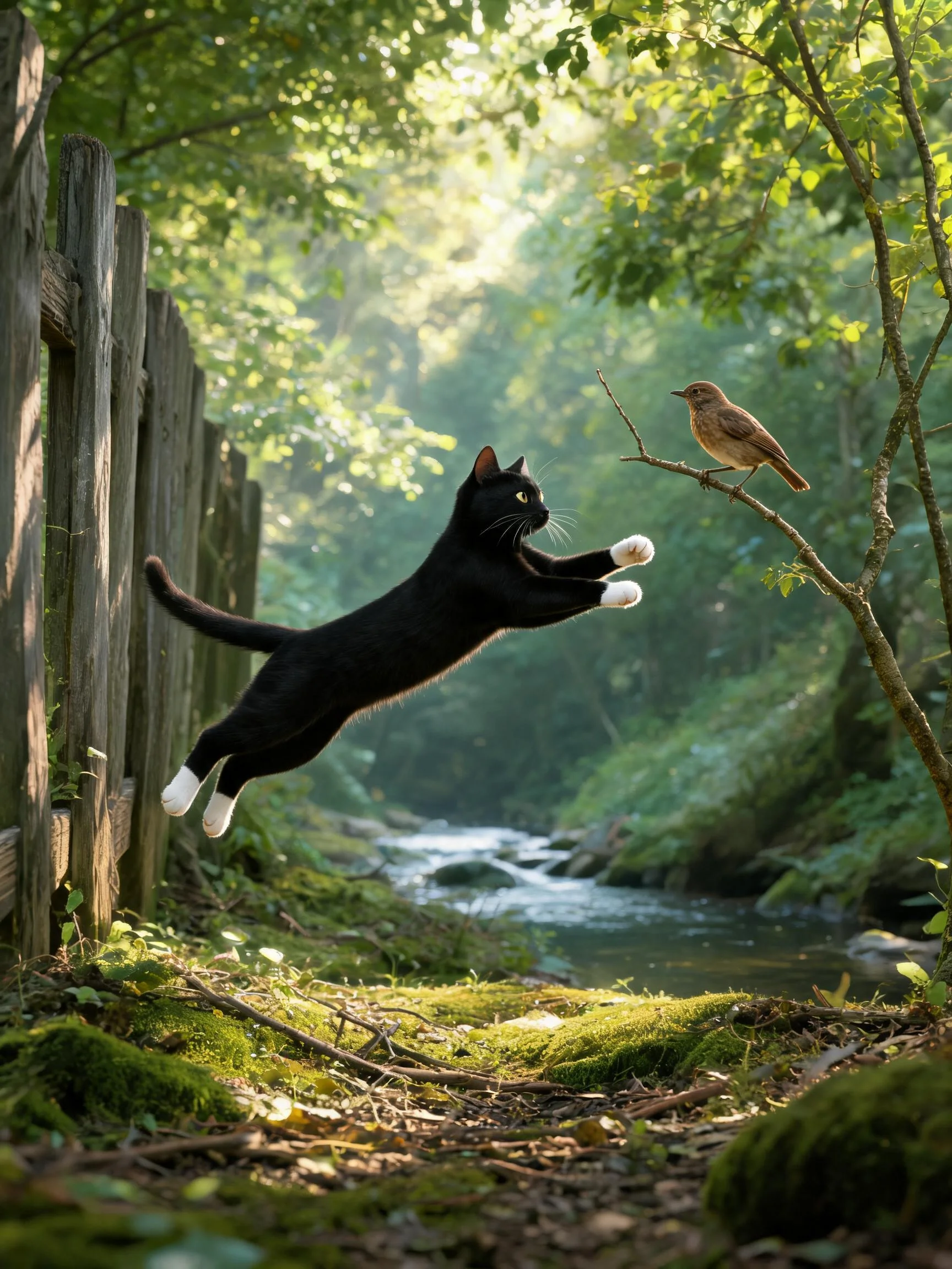 黑色短毛家猫正跃向树枝上栖息的小鸟,猫咪白色爪尖清晰可见,处于空中动态姿态。