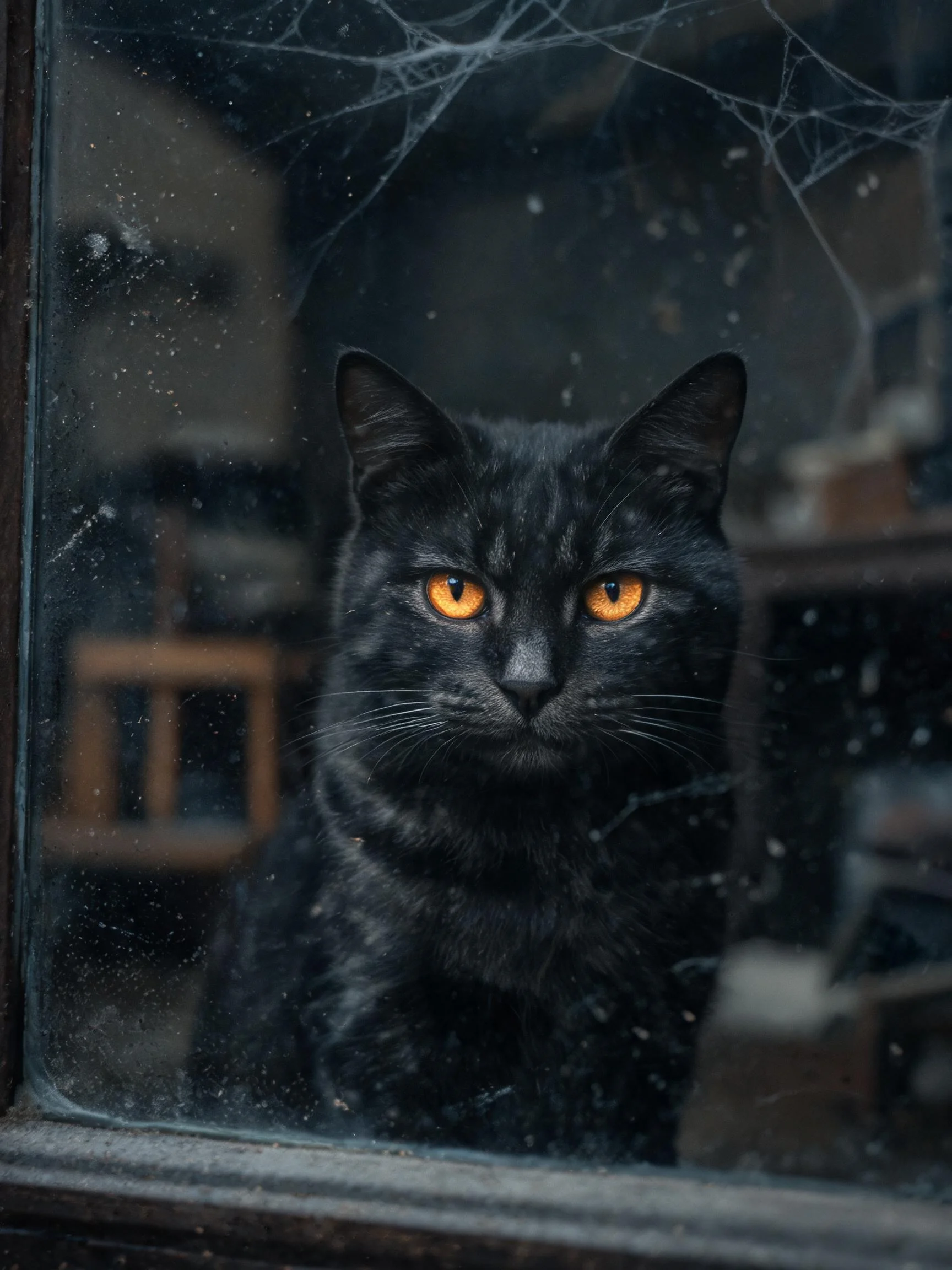 短毛家猫有着黑色顺滑的皮毛和橙黄色的眼睛,正安静地坐在带蛛网的陈旧窗前。