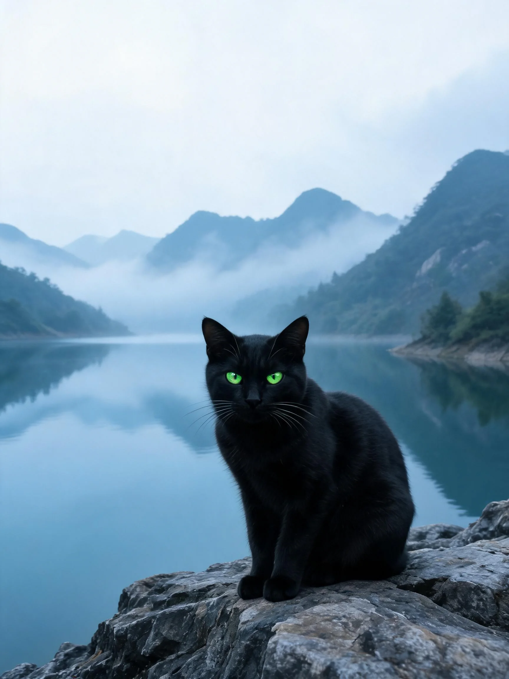 一只短毛家猫有着黑色被毛和绿色眼睛,正安静地坐在岩石上,背景是平静的水面与山峦。