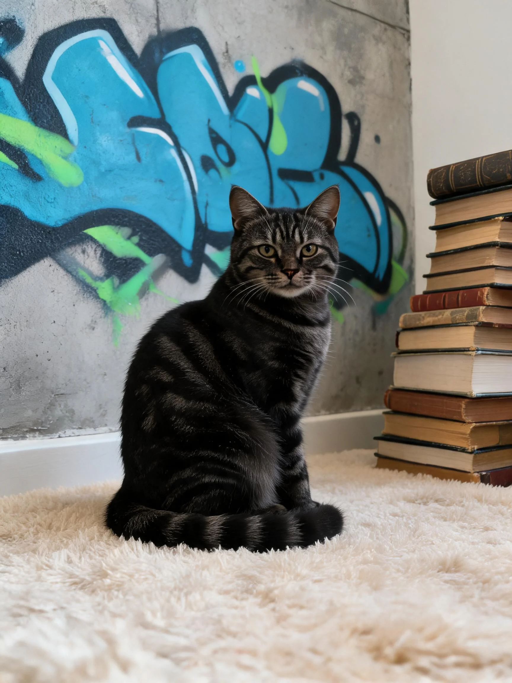 一只短毛虎斑猫安静地坐在白色绒毯上,它黑色的皮毛上有清晰深灰色的条纹,眼睛明亮注视前方。
